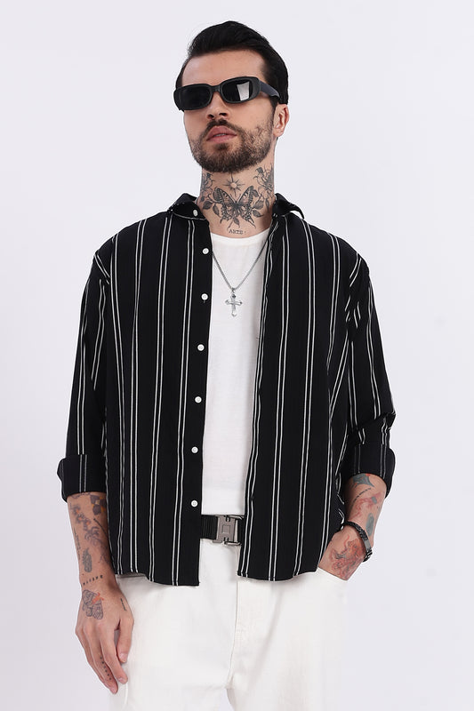 Black with White Vertical Stripes Technical Stretch Shirt - Regular Fit