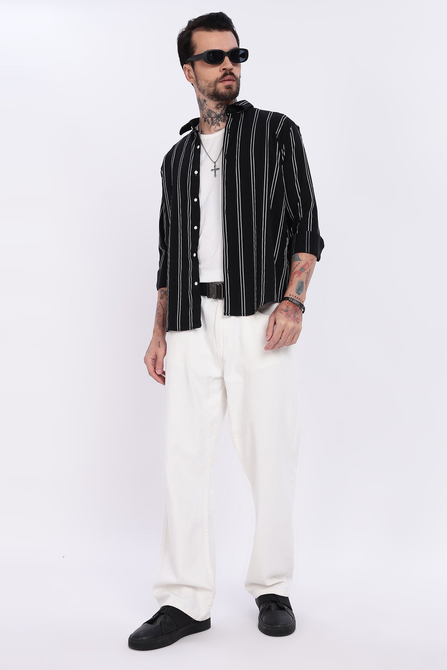 Black with White Vertical Stripes Technical Stretch Shirt - Regular Fit