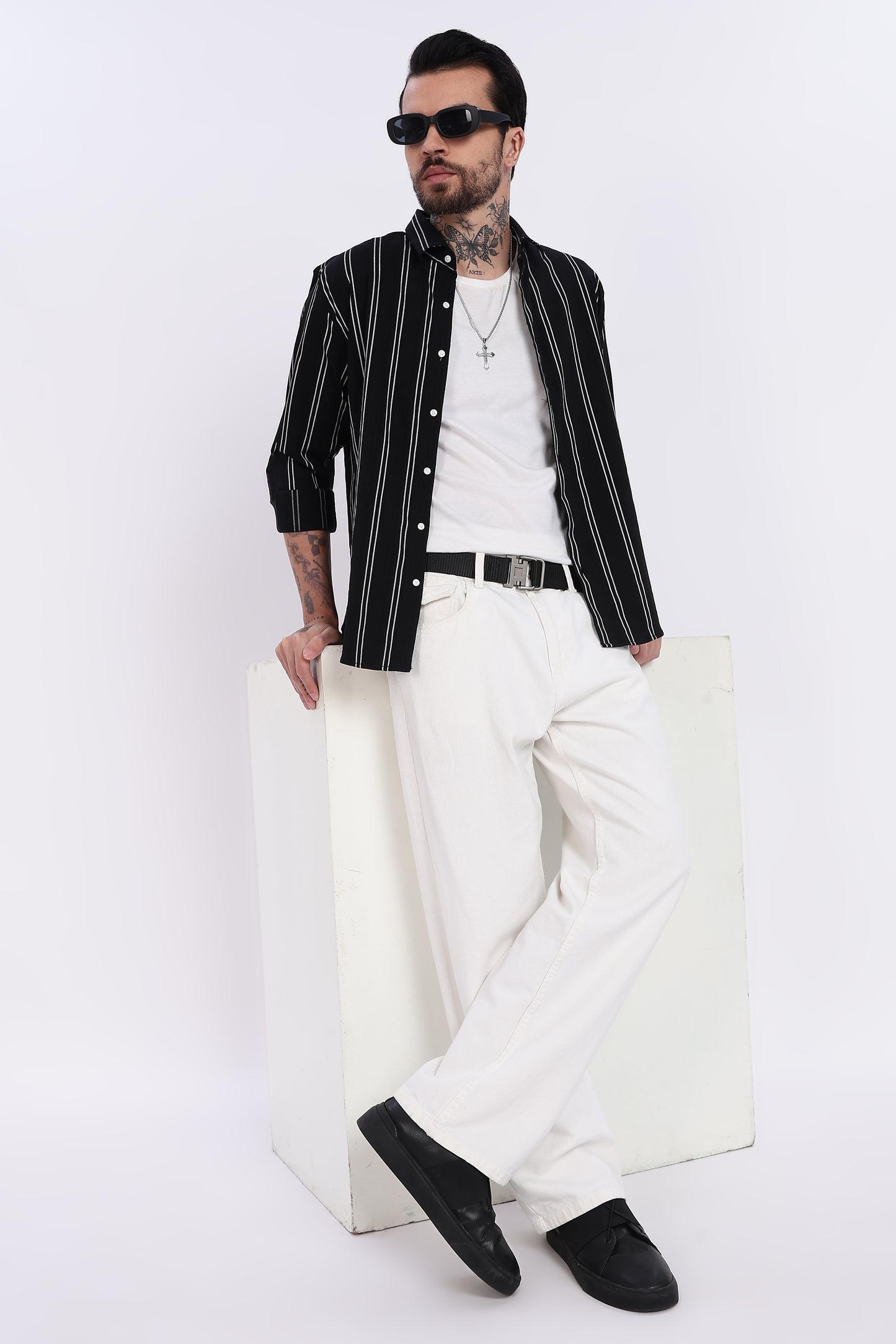 Black with White Vertical Stripes Technical Stretch Shirt - Regular Fit