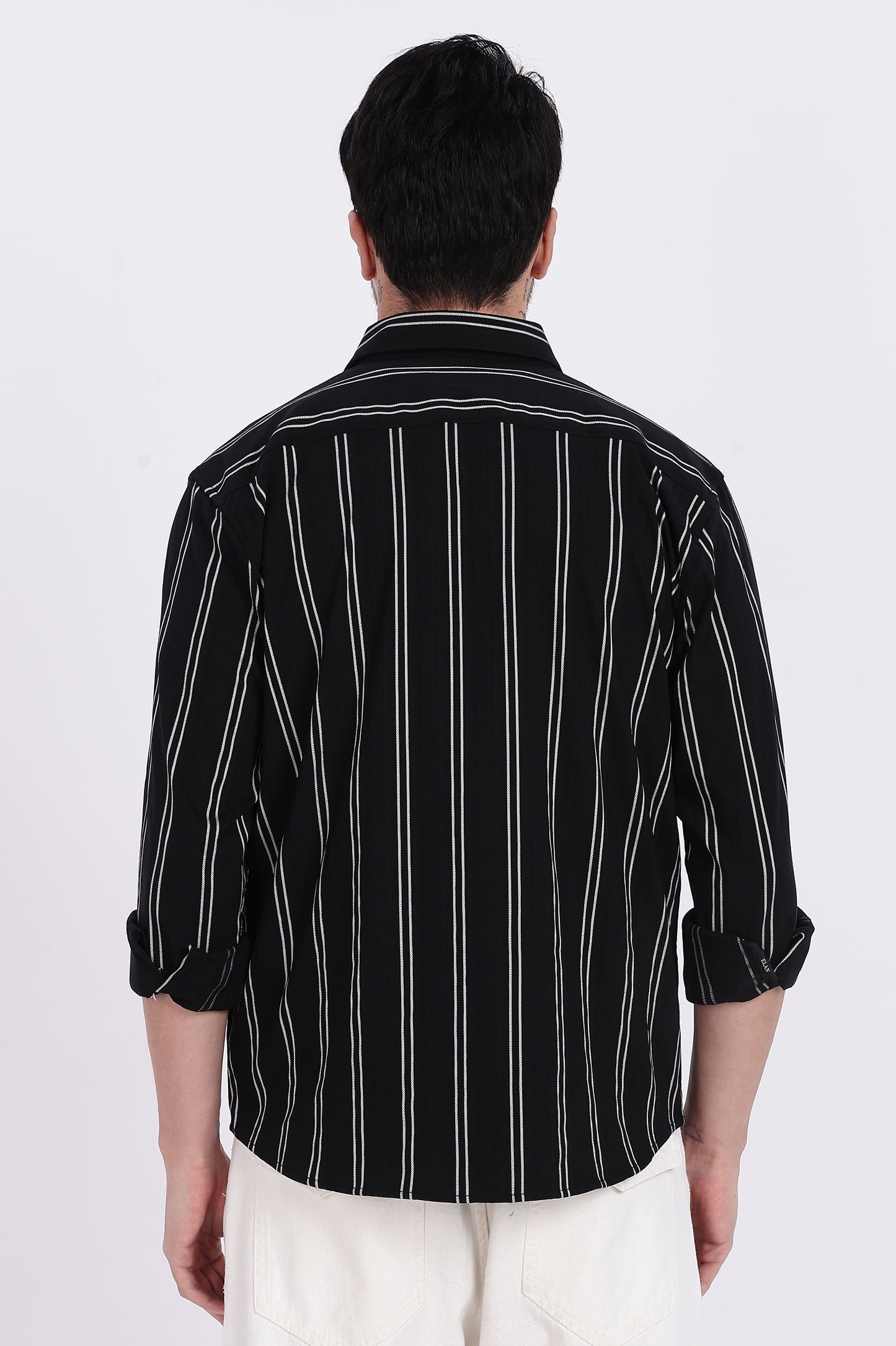 Black with White Vertical Stripes Technical Stretch Shirt - Regular Fit