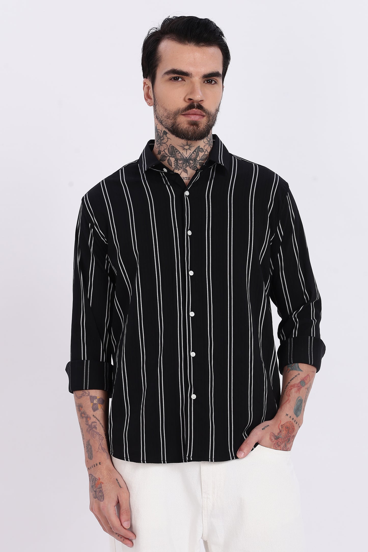 Black with White Vertical Stripes Technical Stretch Shirt - Regular Fit