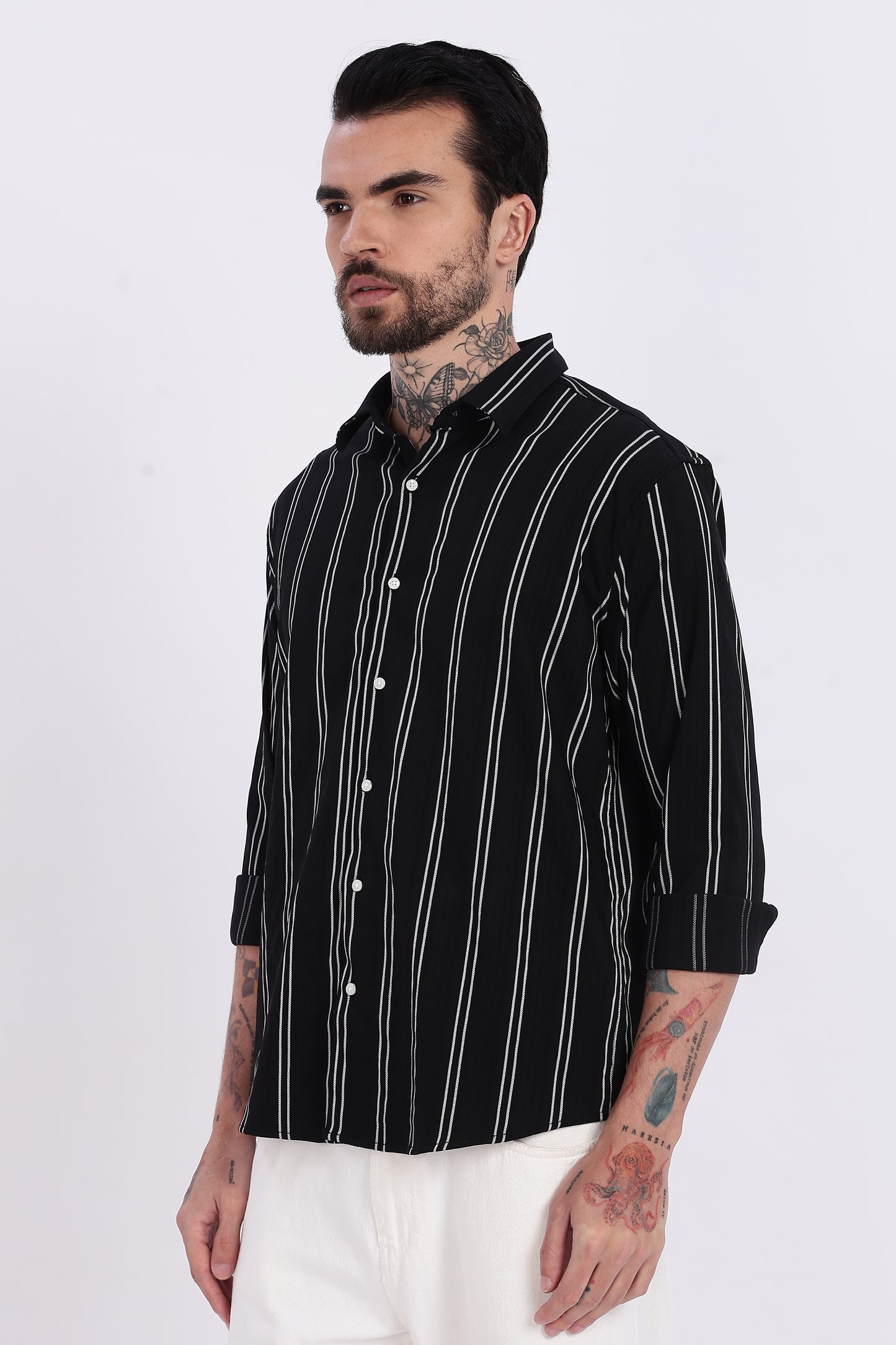 Black with White Vertical Stripes Technical Stretch Shirt - Regular Fit