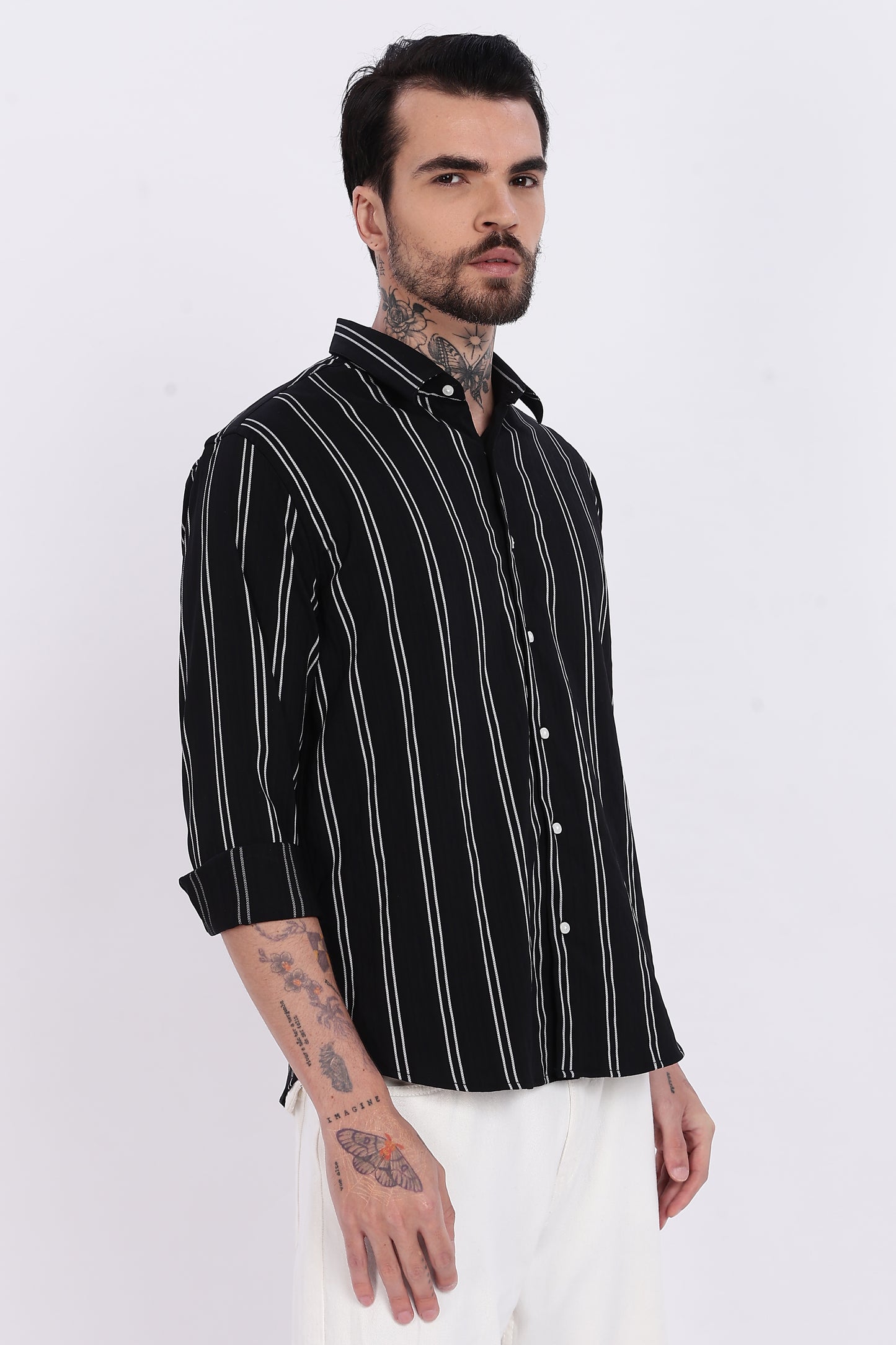 Black with White Vertical Stripes Technical Stretch Shirt - Regular Fit