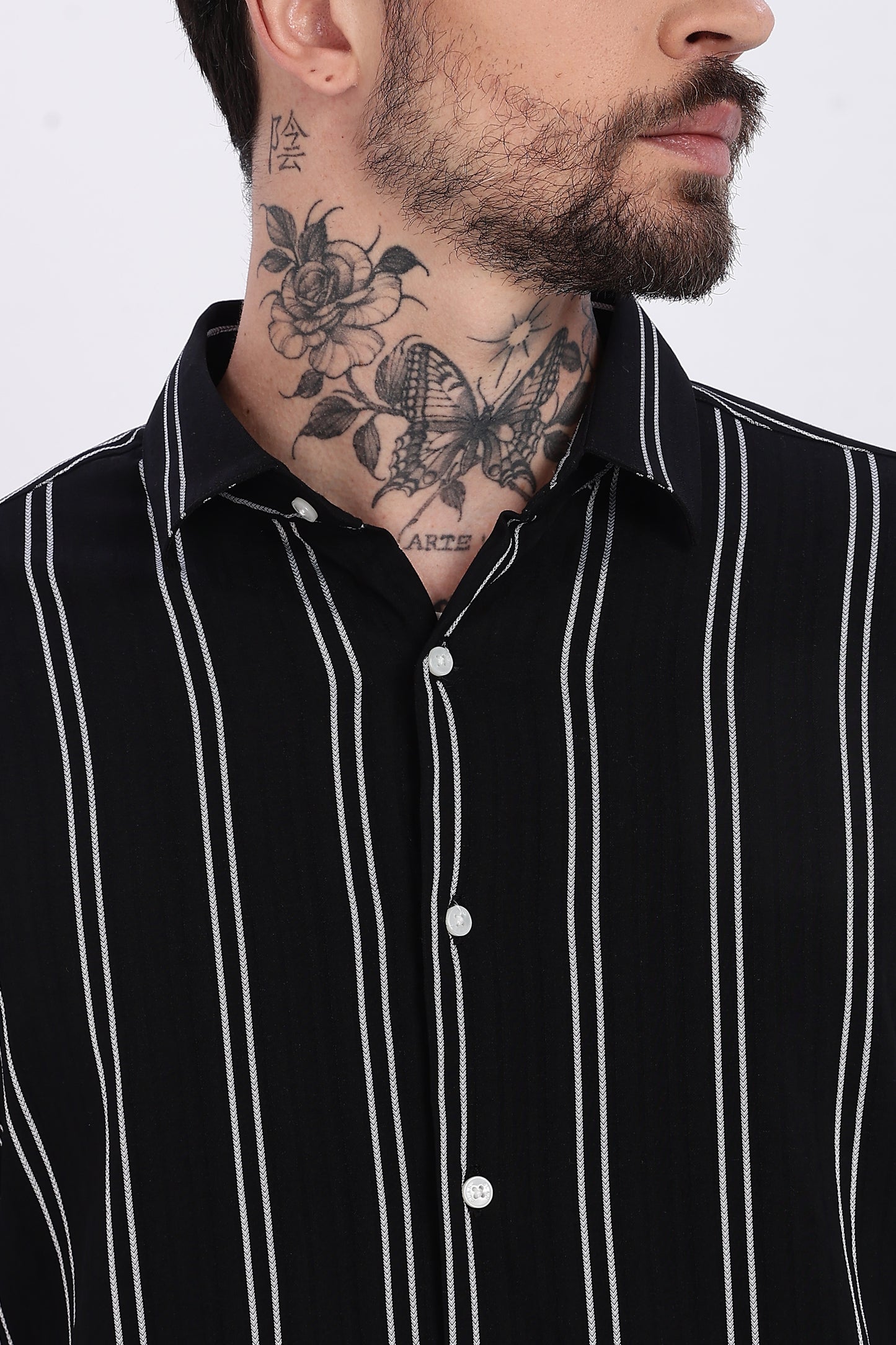 Black with White Vertical Stripes Technical Stretch Shirt - Regular Fit
