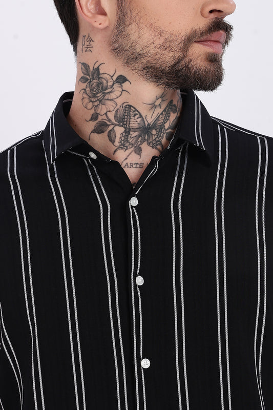 Black with White Vertical Stripes Technical Stretch Shirt - Regular Fit