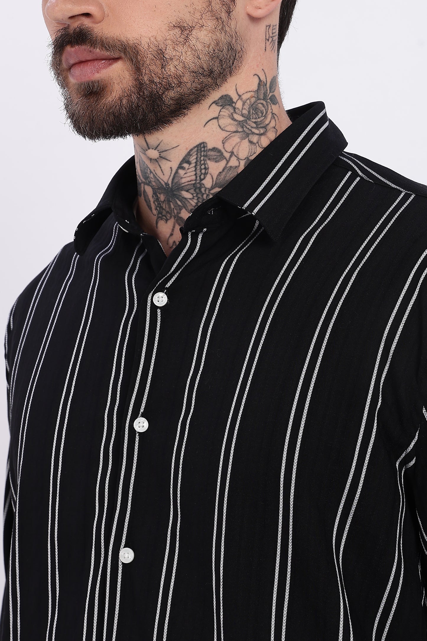 Black with White Vertical Stripes Technical Stretch Shirt - Regular Fit