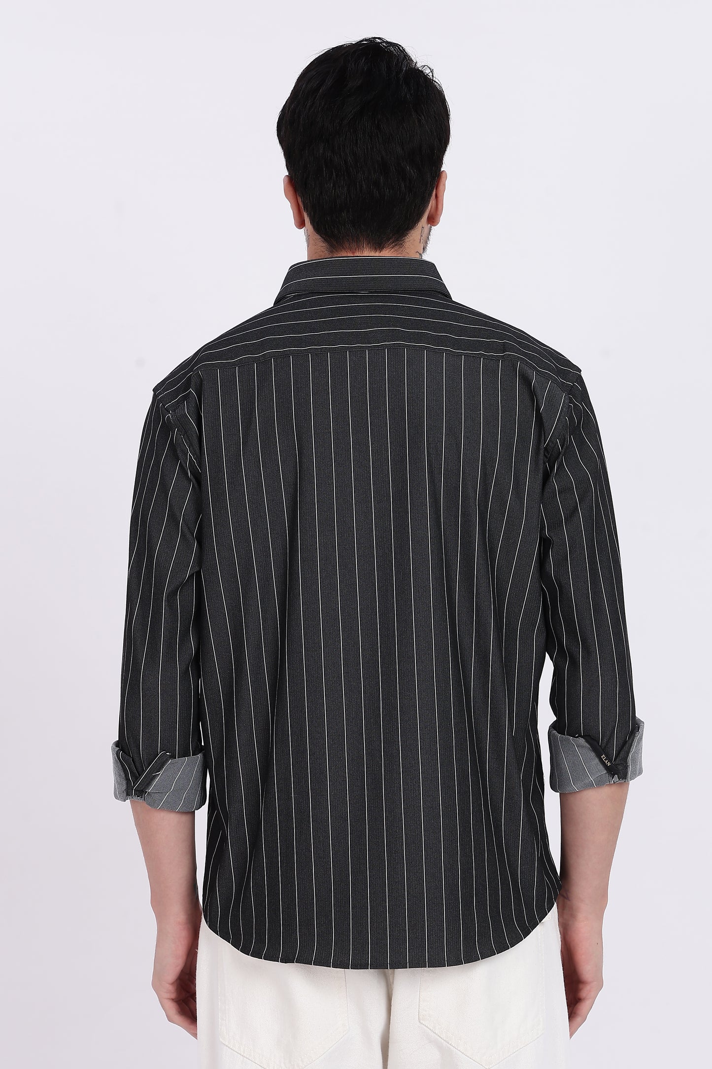 Charcoal Black with White Vertical Stripe Technical Stretch Shirt - Regular Fit