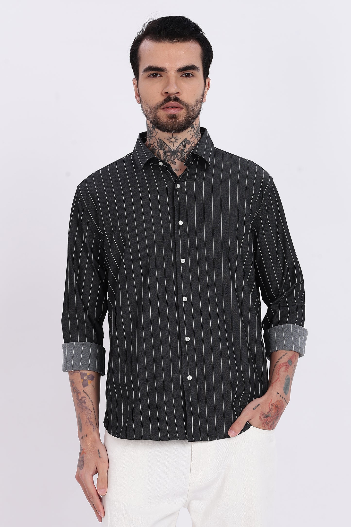 Charcoal Black with White Vertical Stripe Technical Stretch Shirt - Regular Fit