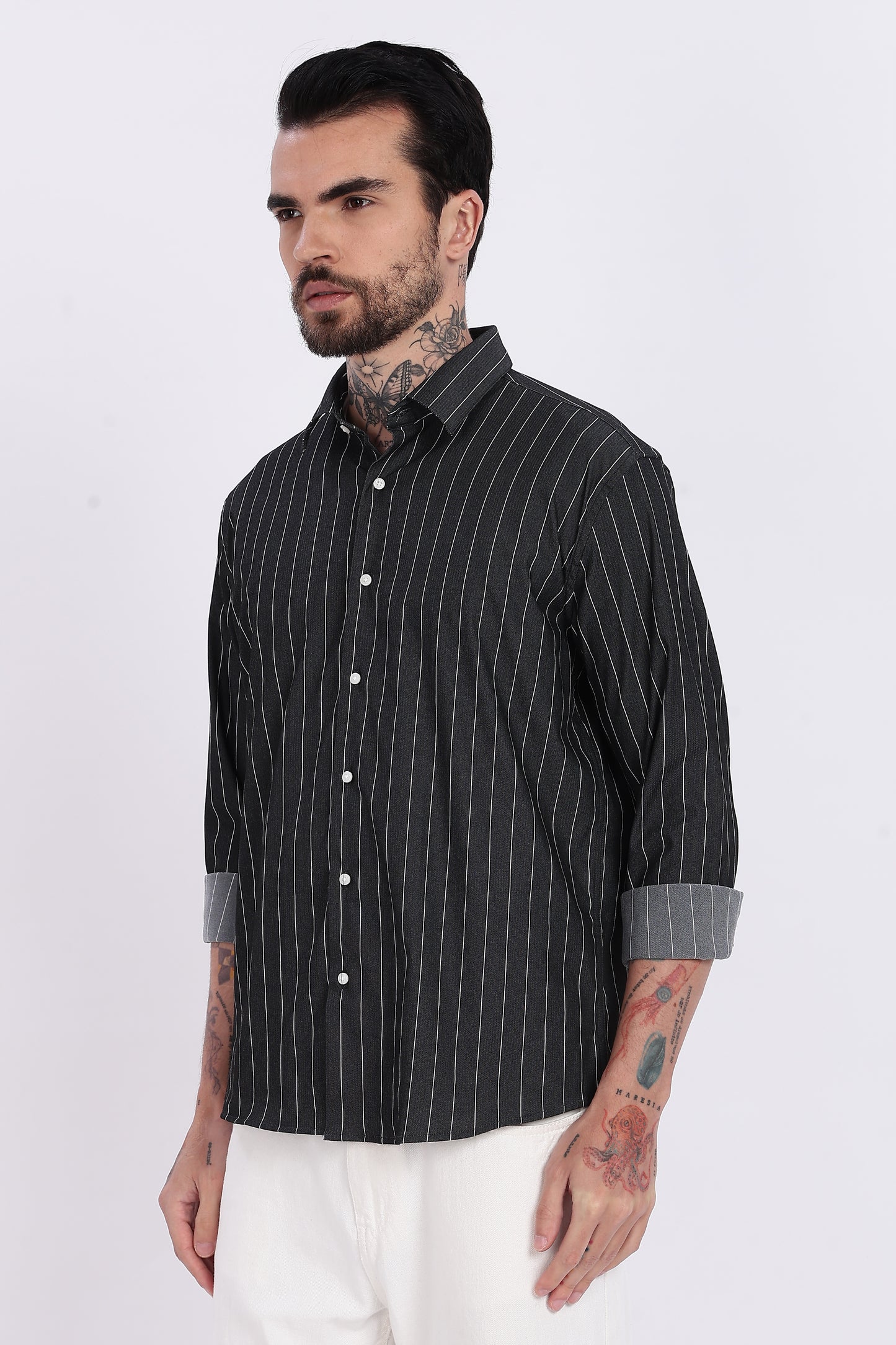 Charcoal Black with White Vertical Stripe Technical Stretch Shirt - Regular Fit