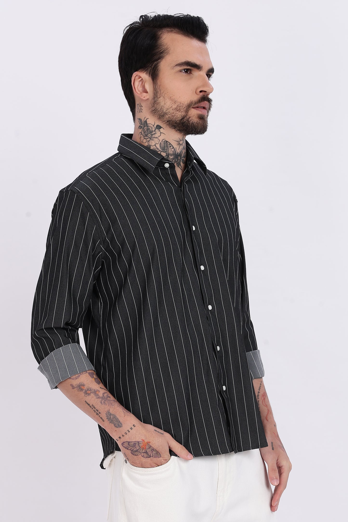 Charcoal Black with White Vertical Stripe Technical Stretch Shirt - Regular Fit