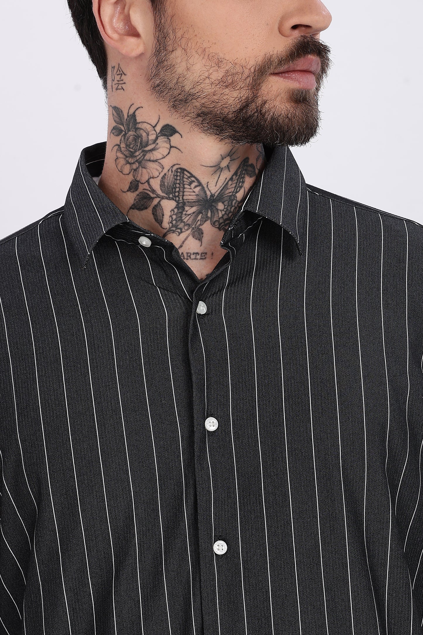 Charcoal Black with White Vertical Stripe Technical Stretch Shirt - Regular Fit