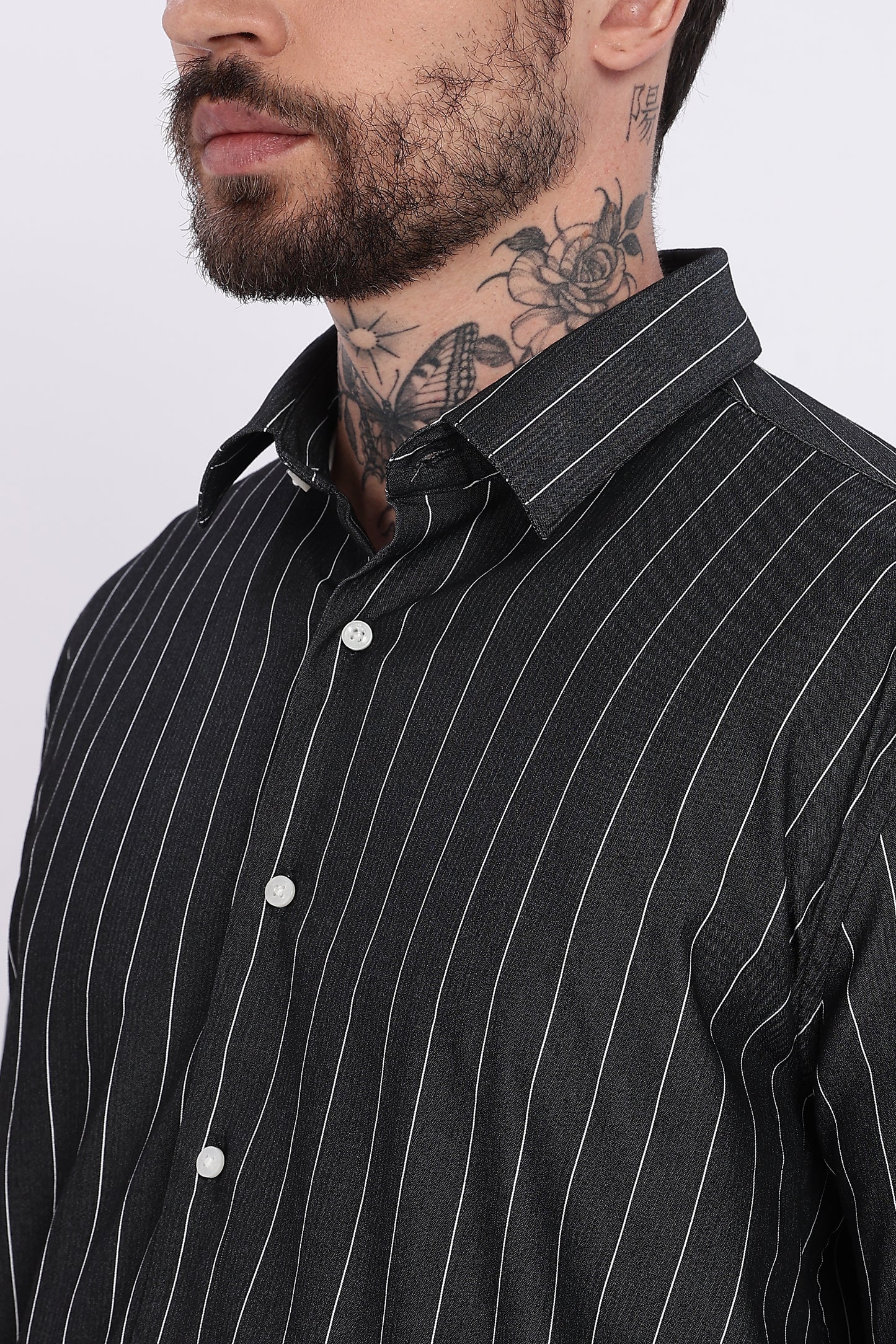 Charcoal Black with White Vertical Stripe Technical Stretch Shirt - Regular Fit