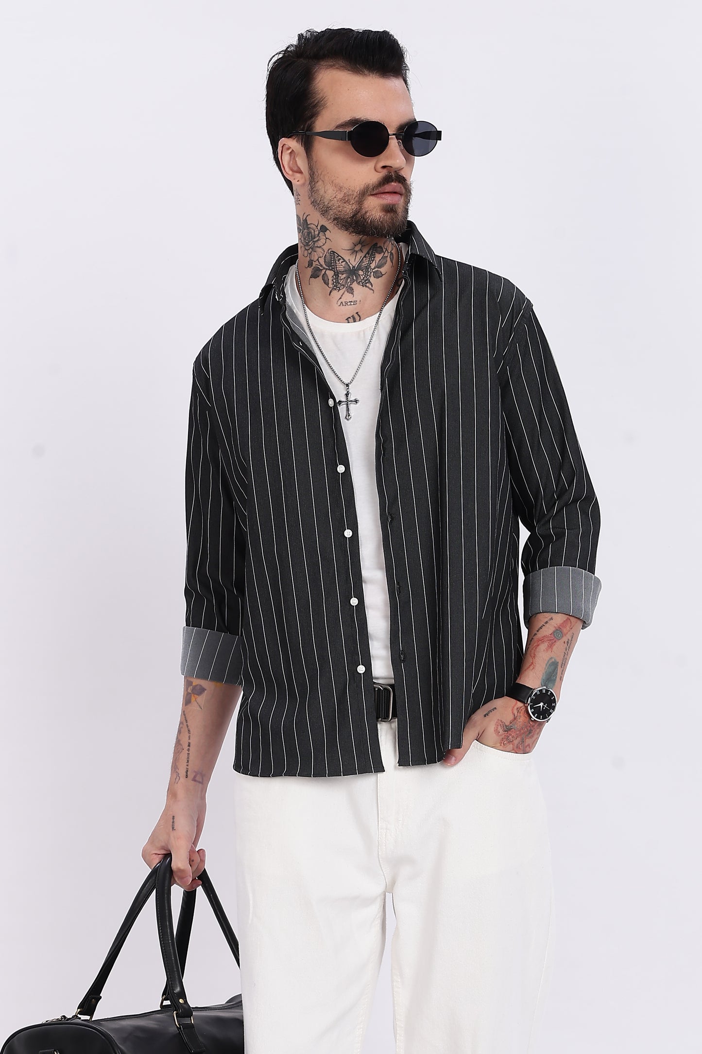 Charcoal Black with White Vertical Stripe Technical Stretch Shirt - Regular Fit