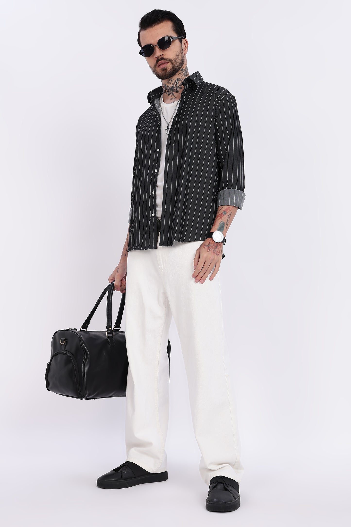 Charcoal Black with White Vertical Stripe Technical Stretch Shirt - Regular Fit