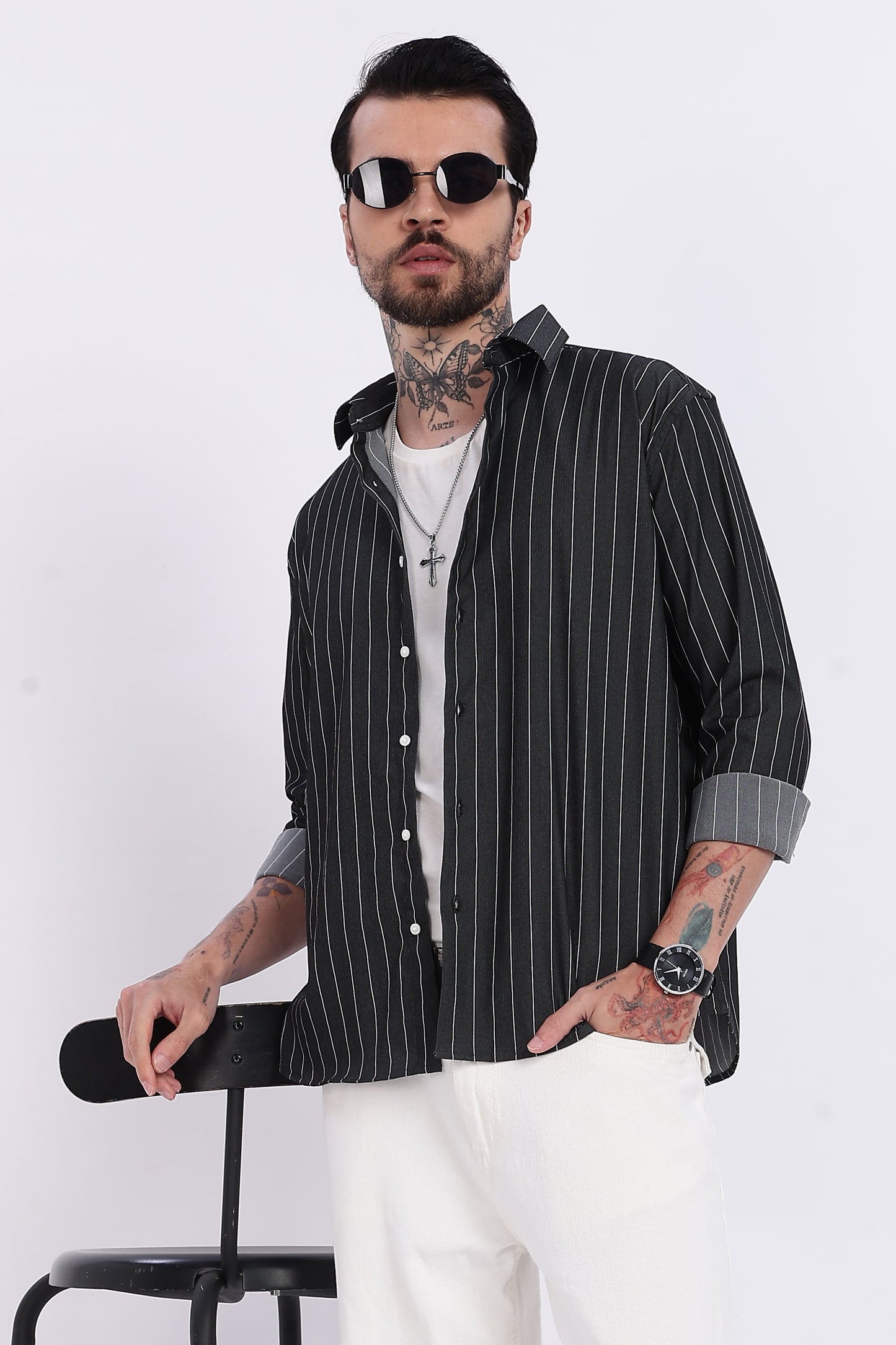 Charcoal Black with White Vertical Stripe Technical Stretch Shirt - Regular Fit