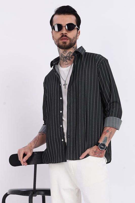 Charcoal Black with White Vertical Stripe Technical Stretch Shirt - Regular Fit