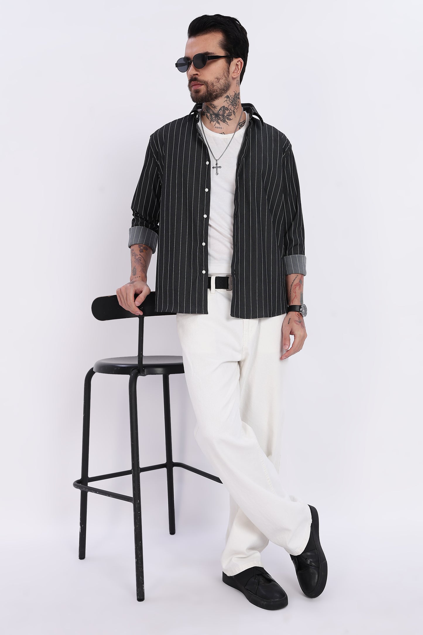 Charcoal Black with White Vertical Stripe Technical Stretch Shirt - Regular Fit
