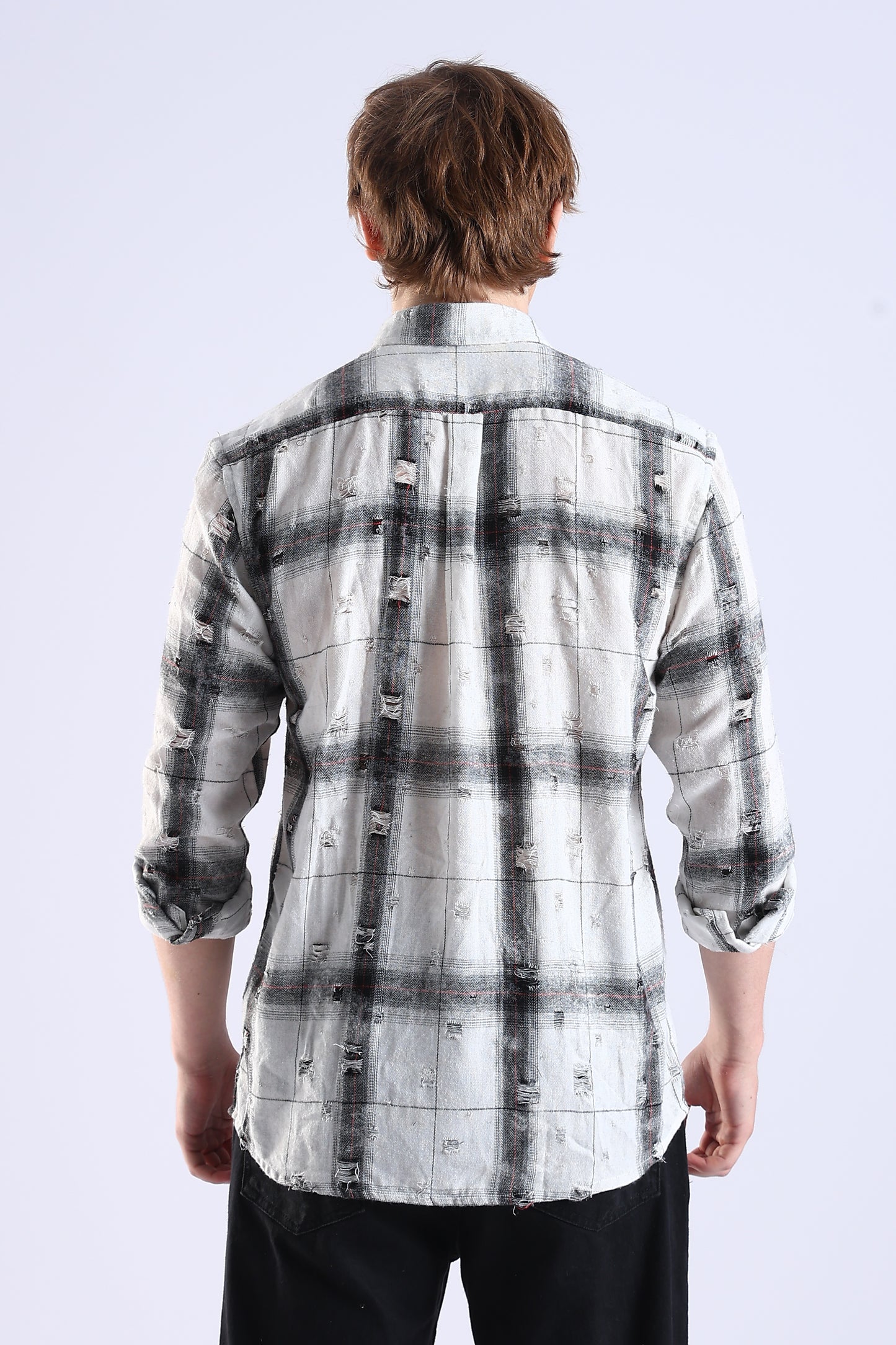Regular Fit Torn White & Gray Washed Check Shirt