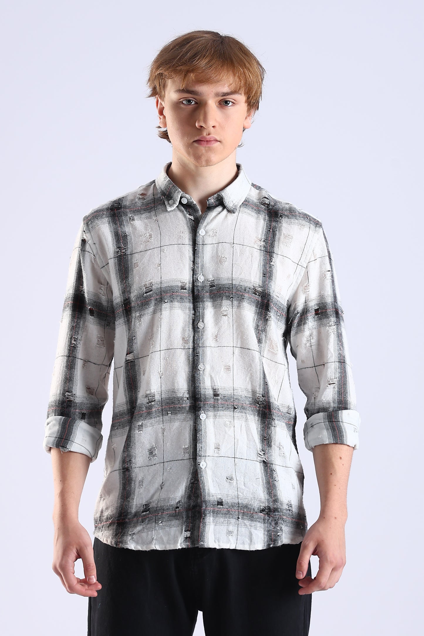Regular Fit Torn White & Gray Washed Check Shirt