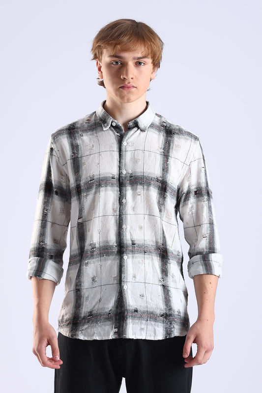 Regular Fit Torn White Check Shirt