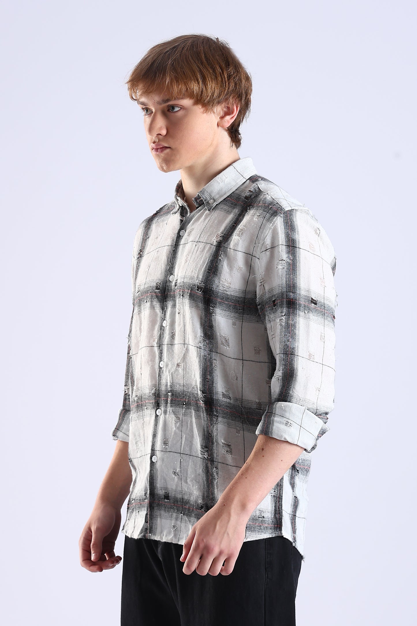 Regular Fit Torn White & Gray Washed Check Shirt