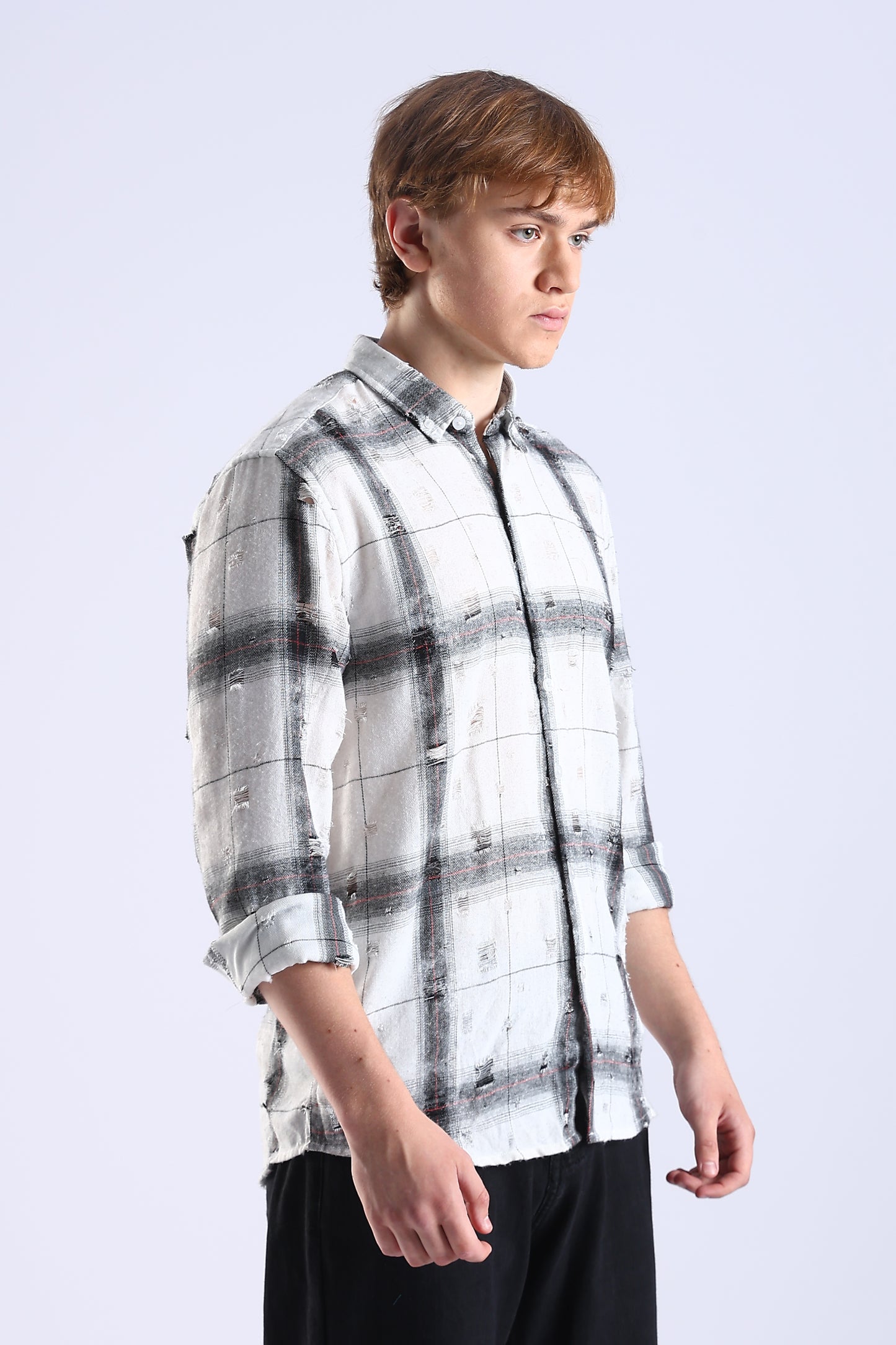 Regular Fit Torn White & Gray Washed Check Shirt