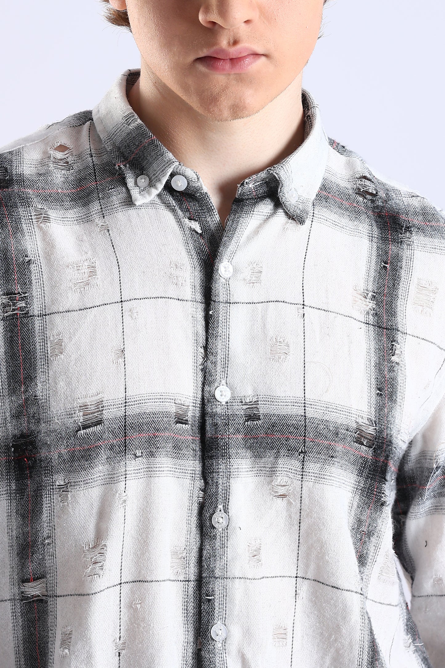 Regular Fit Torn White & Gray Washed Check Shirt