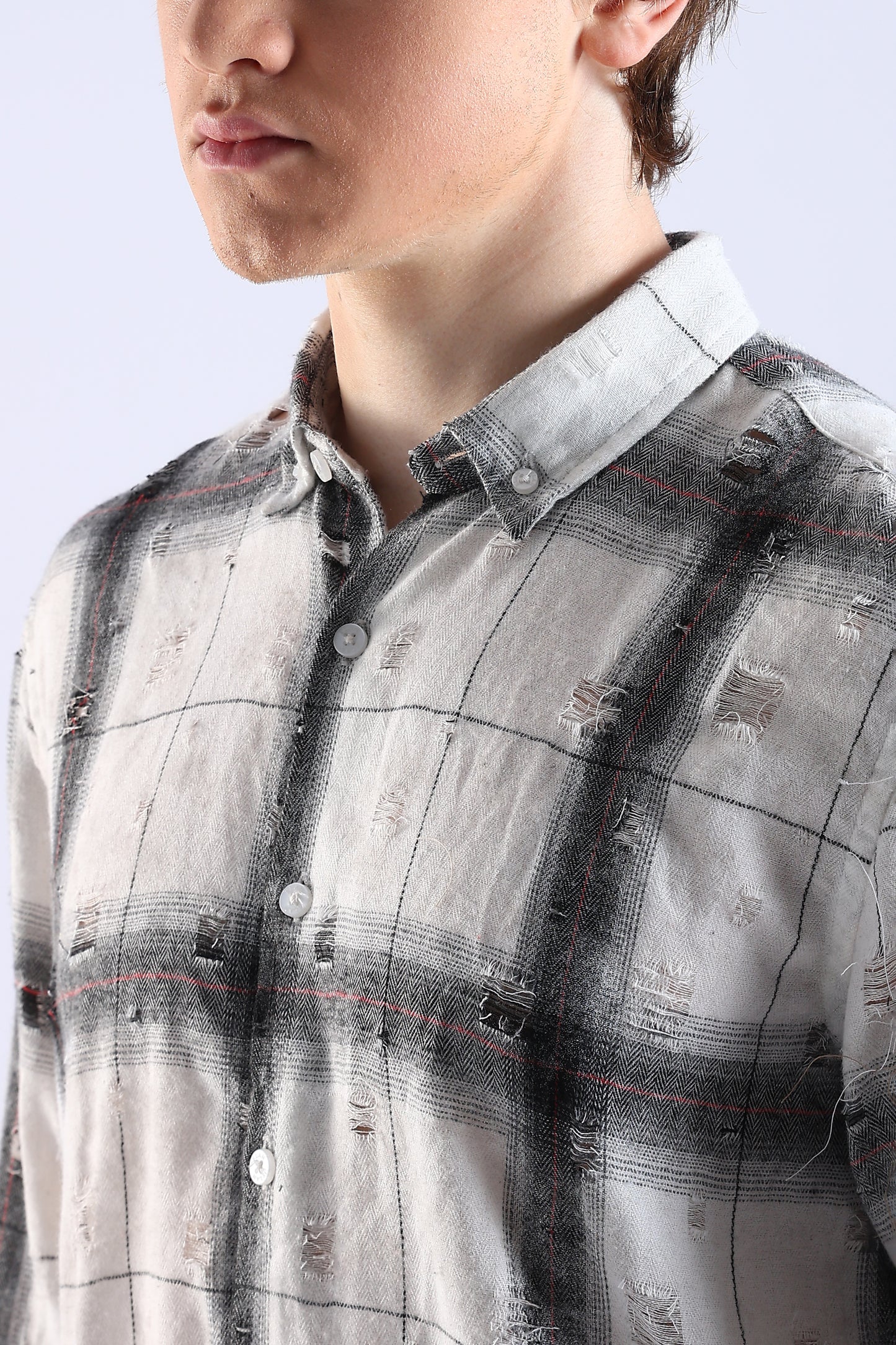 Regular Fit Torn White & Gray Washed Check Shirt