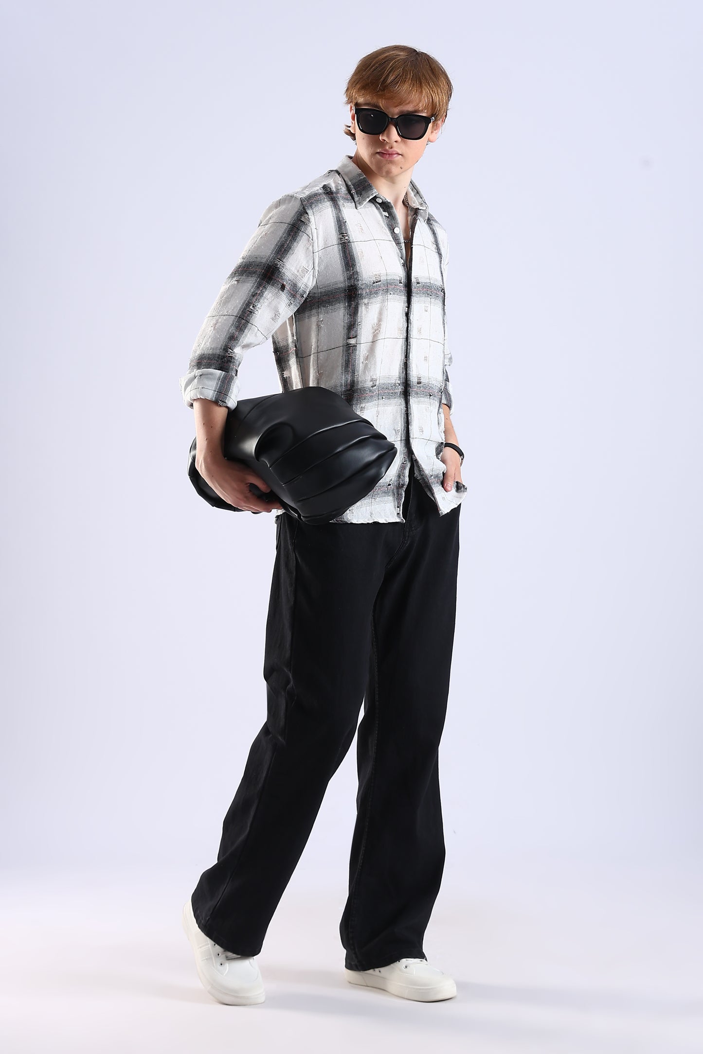 Regular Fit Torn White & Gray Washed Check Shirt