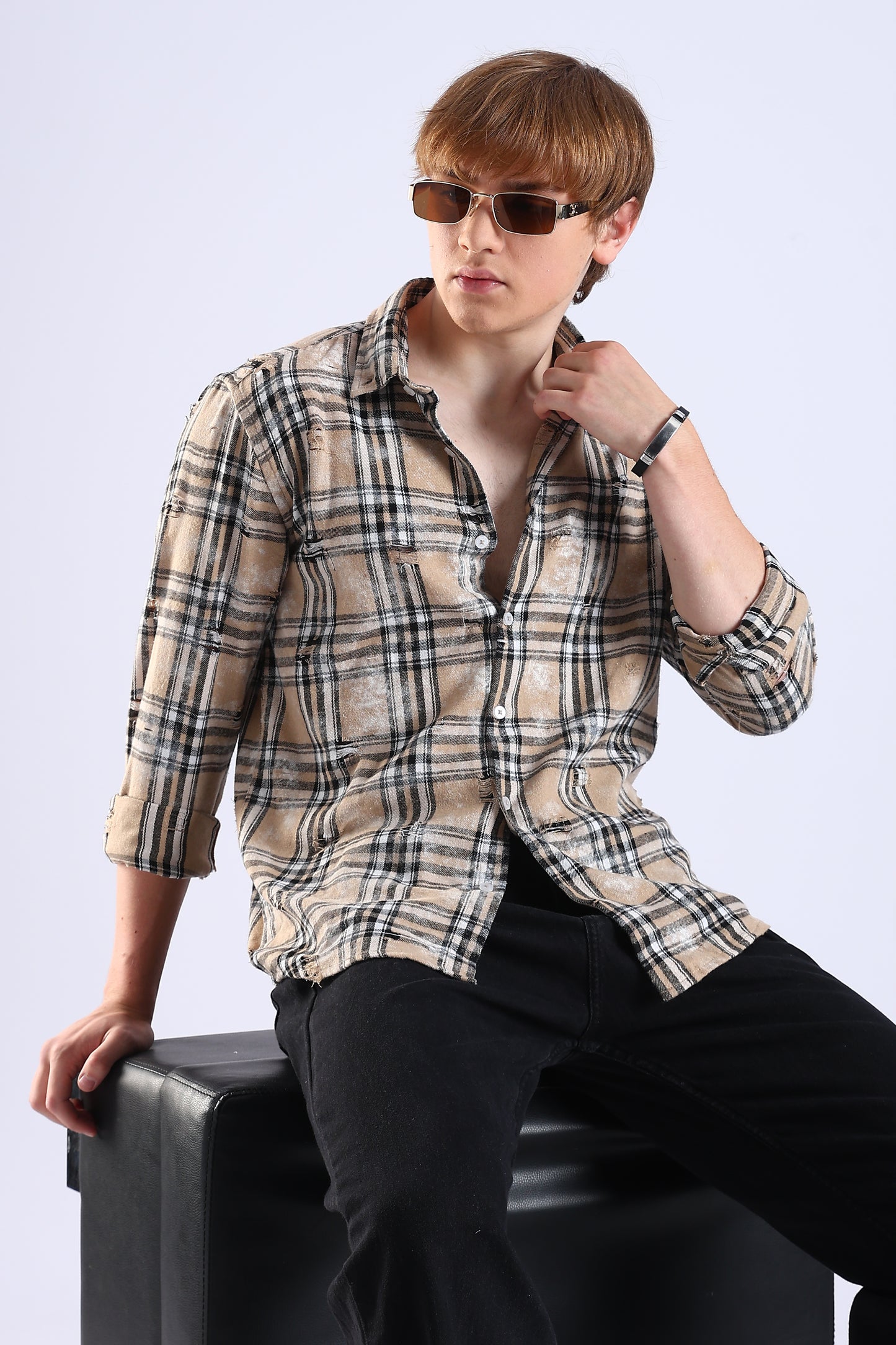 Regular Fit Torn Beige & Black Washed Check Shirt