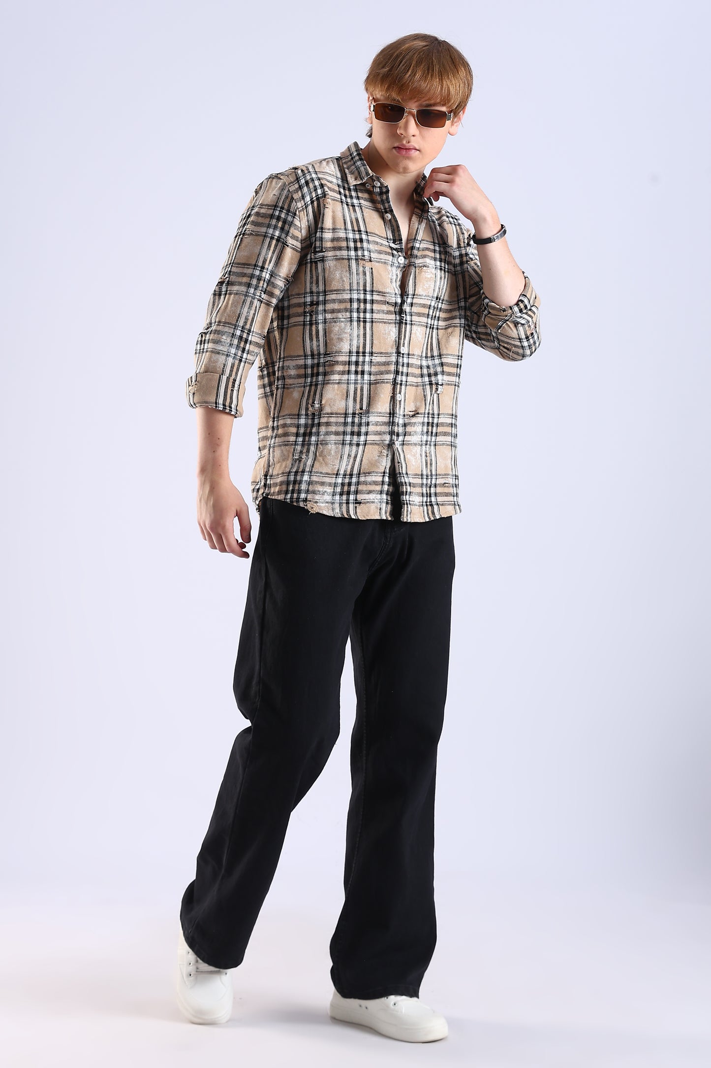 Regular Fit Torn Beige & Black Washed Check Shirt