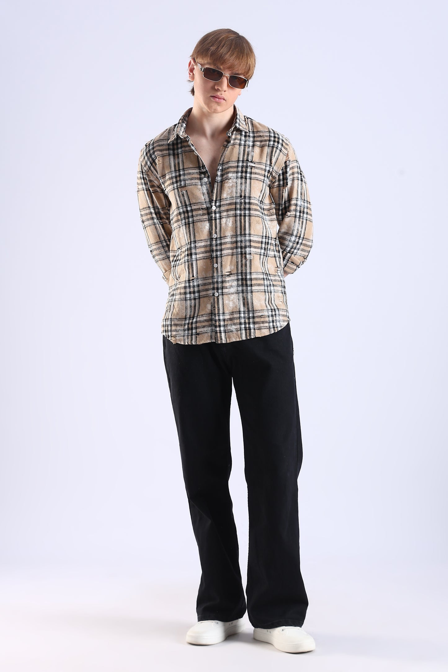 Regular Fit Torn Beige & Black Washed Check Shirt