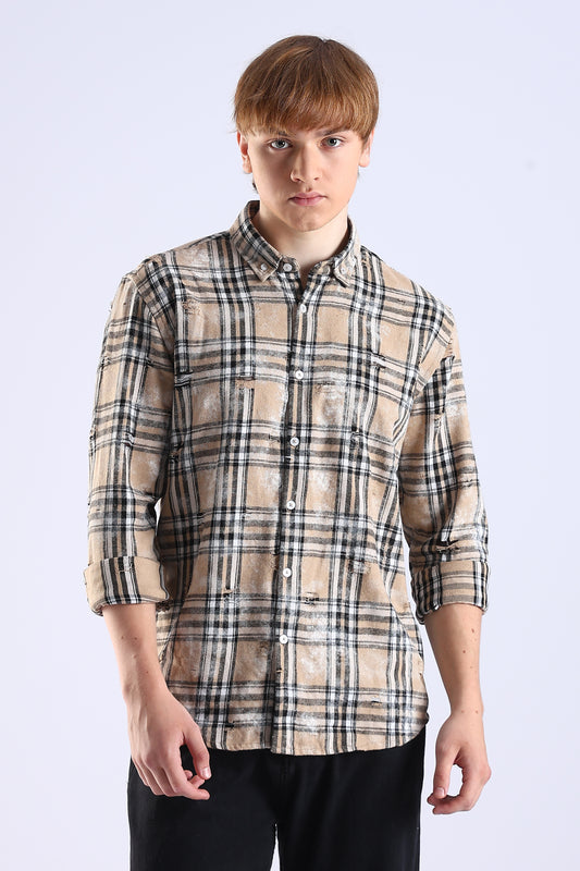 Regular Fit Torn White Check Shirt