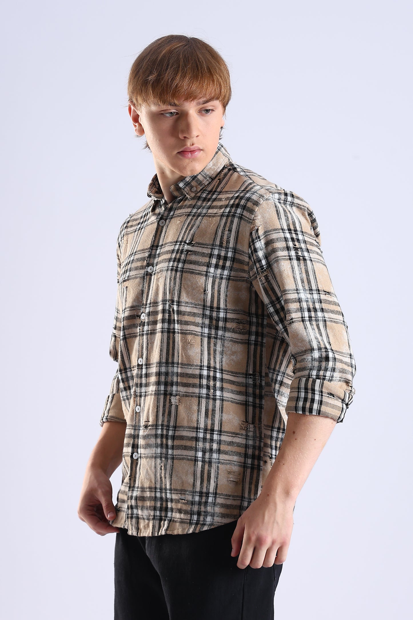 Regular Fit Torn Beige & Black Washed Check Shirt