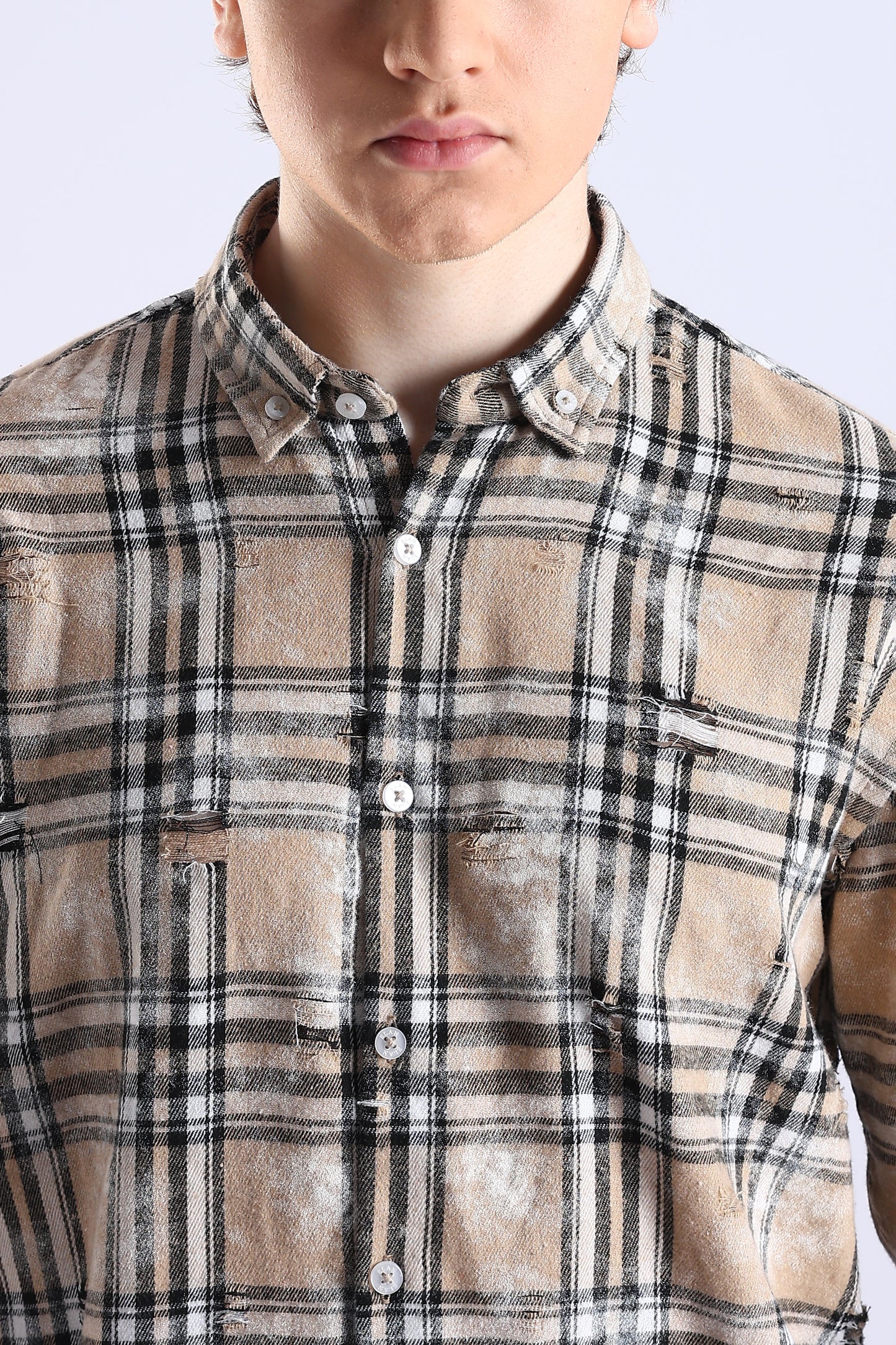 Regular Fit Torn Beige & Black Washed Check Shirt