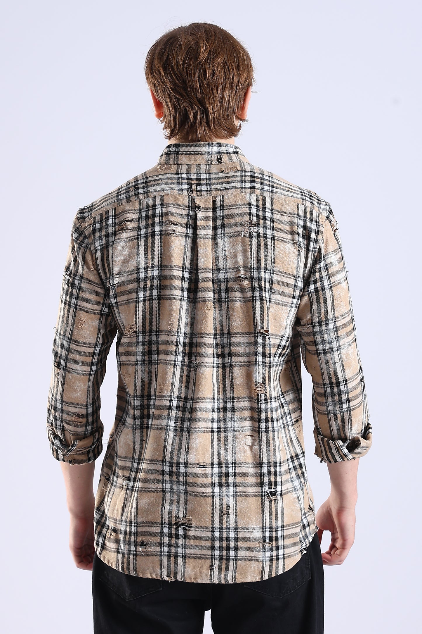 Regular Fit Torn Beige & Black Washed Check Shirt