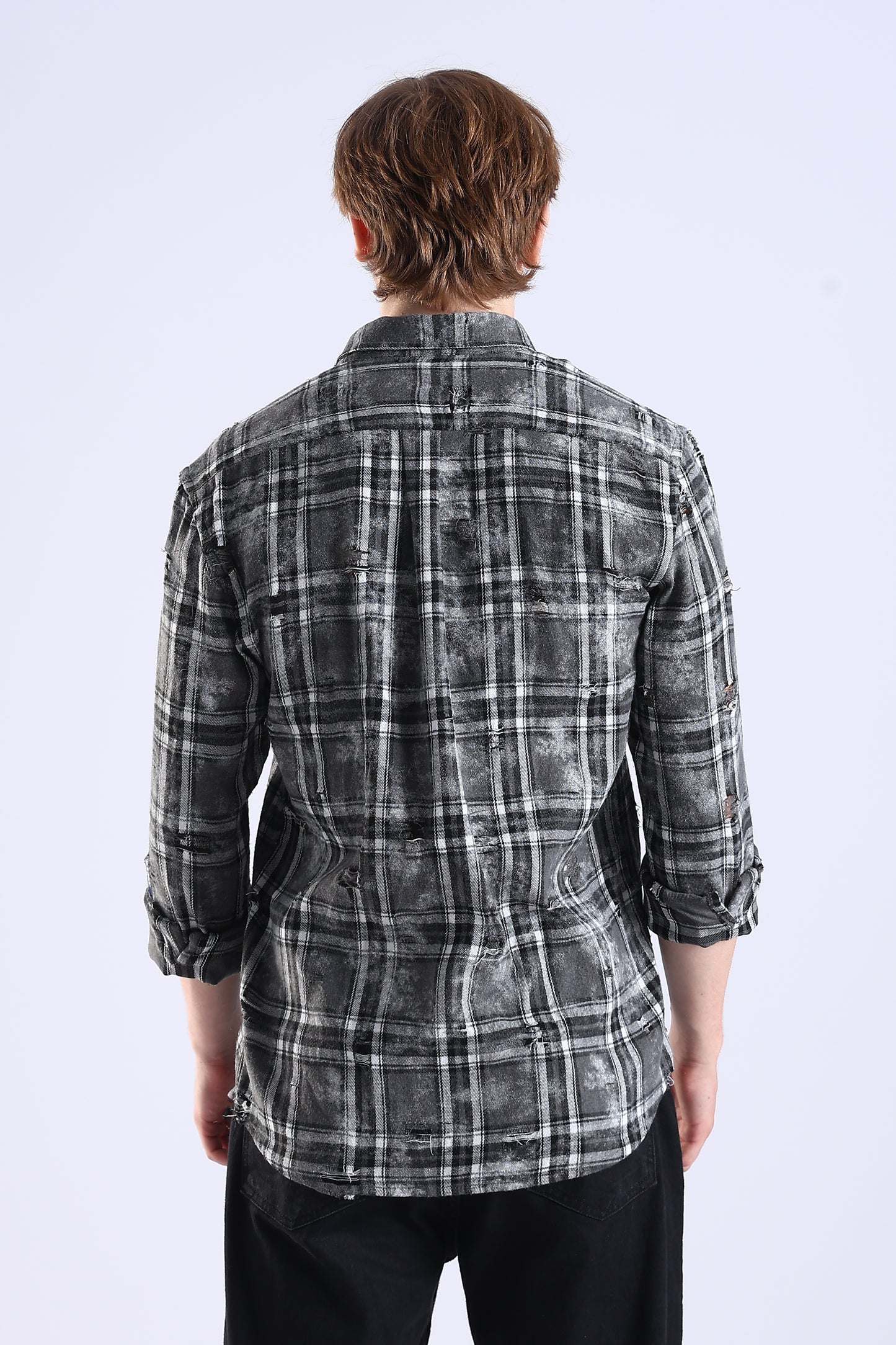 Regular Fit Torn Black & Gray Washed Check Shirt