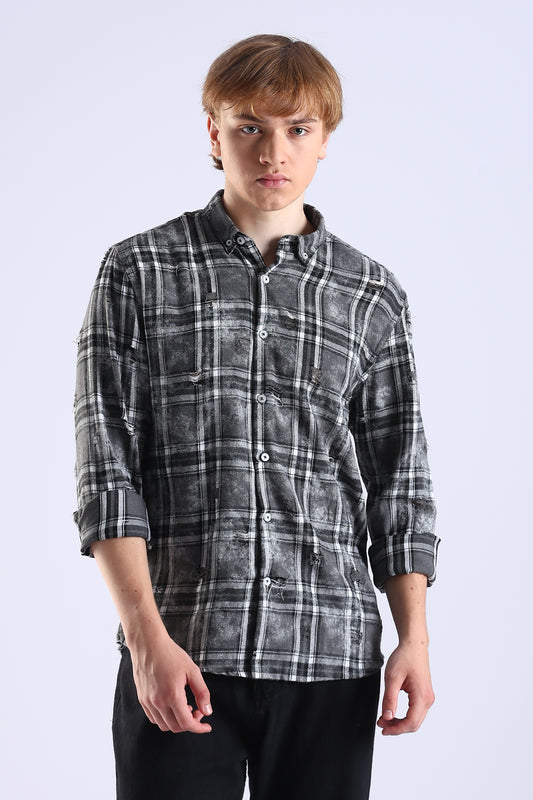 Regular Fit Torn White Check Shirt