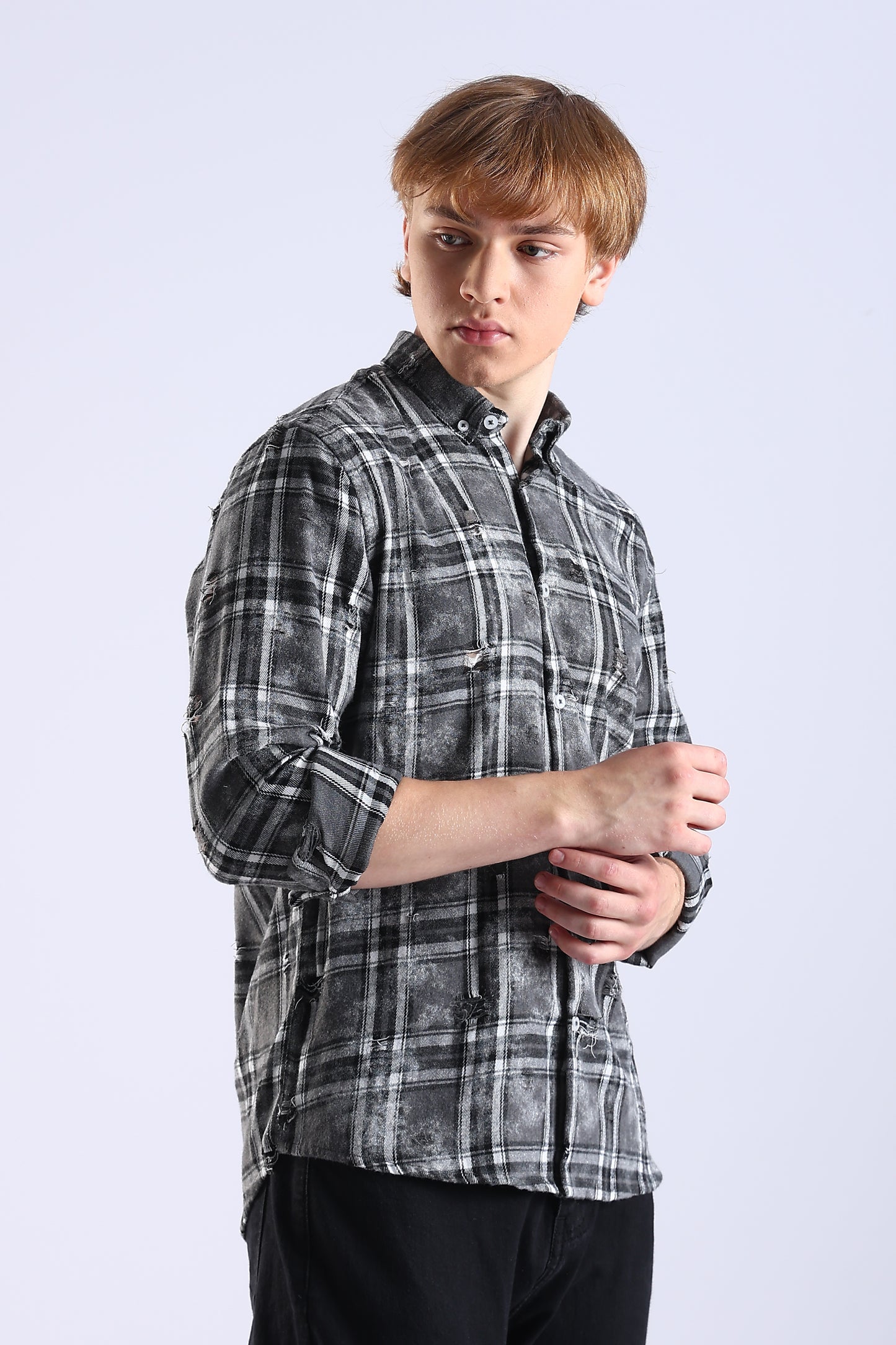 Regular Fit Torn Black & Gray Washed Check Shirt