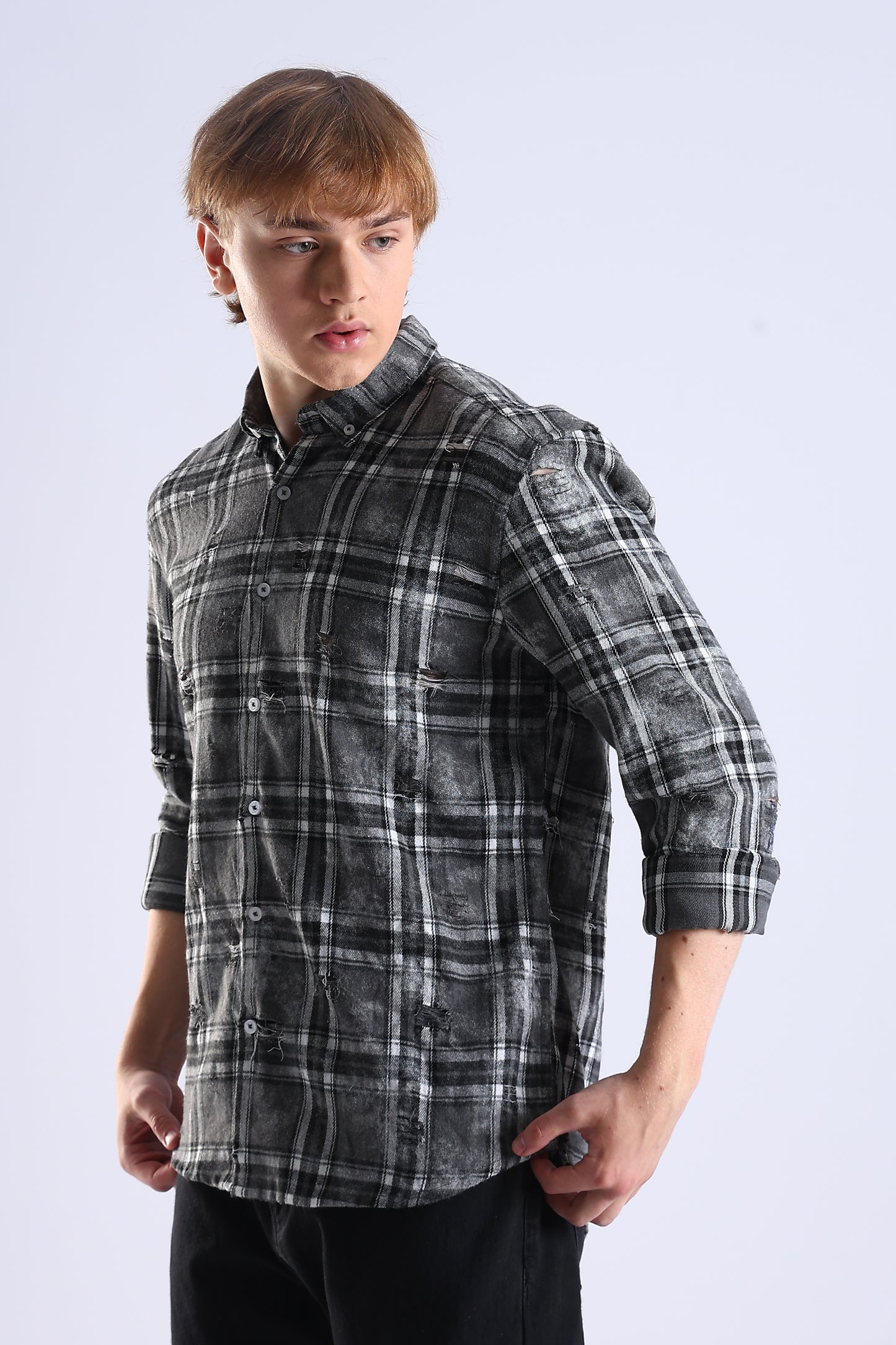 Regular Fit Torn Black & Gray Washed Check Shirt