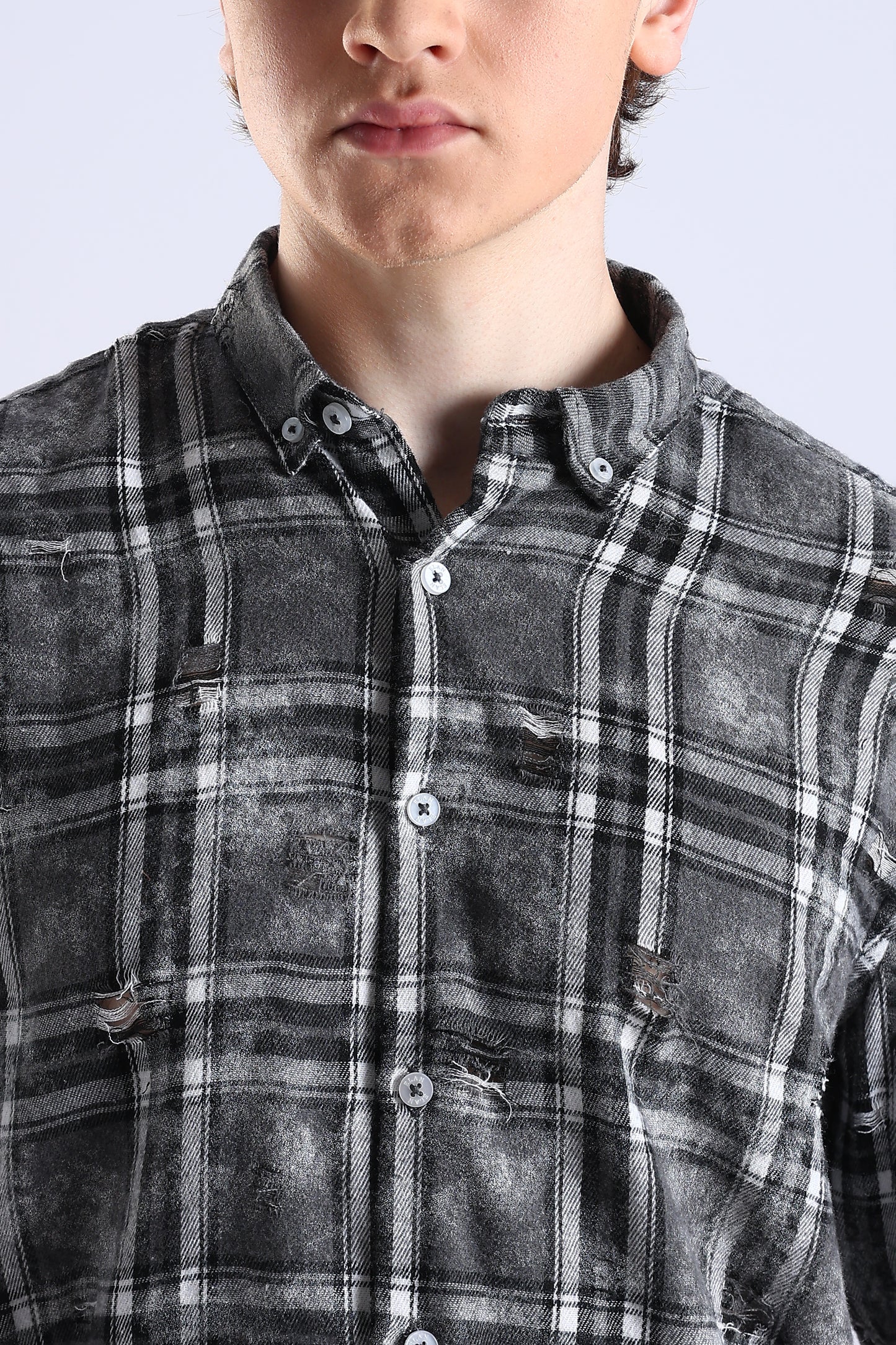 Regular Fit Torn Black & Gray Washed Check Shirt