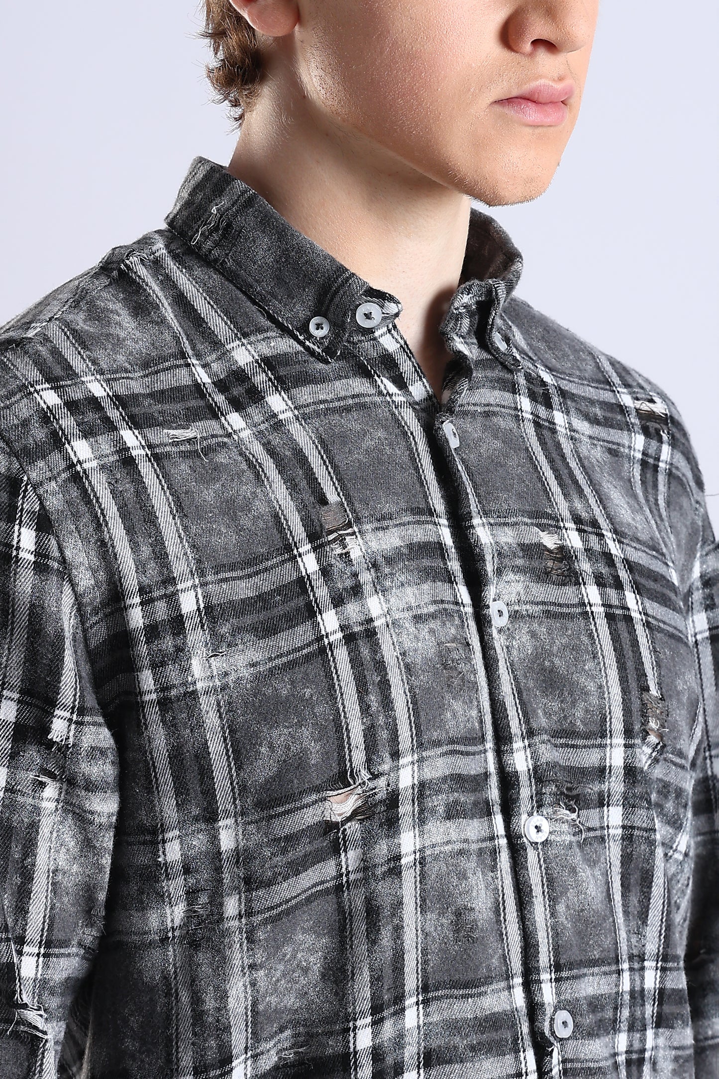 Regular Fit Torn Black & Gray Washed Check Shirt