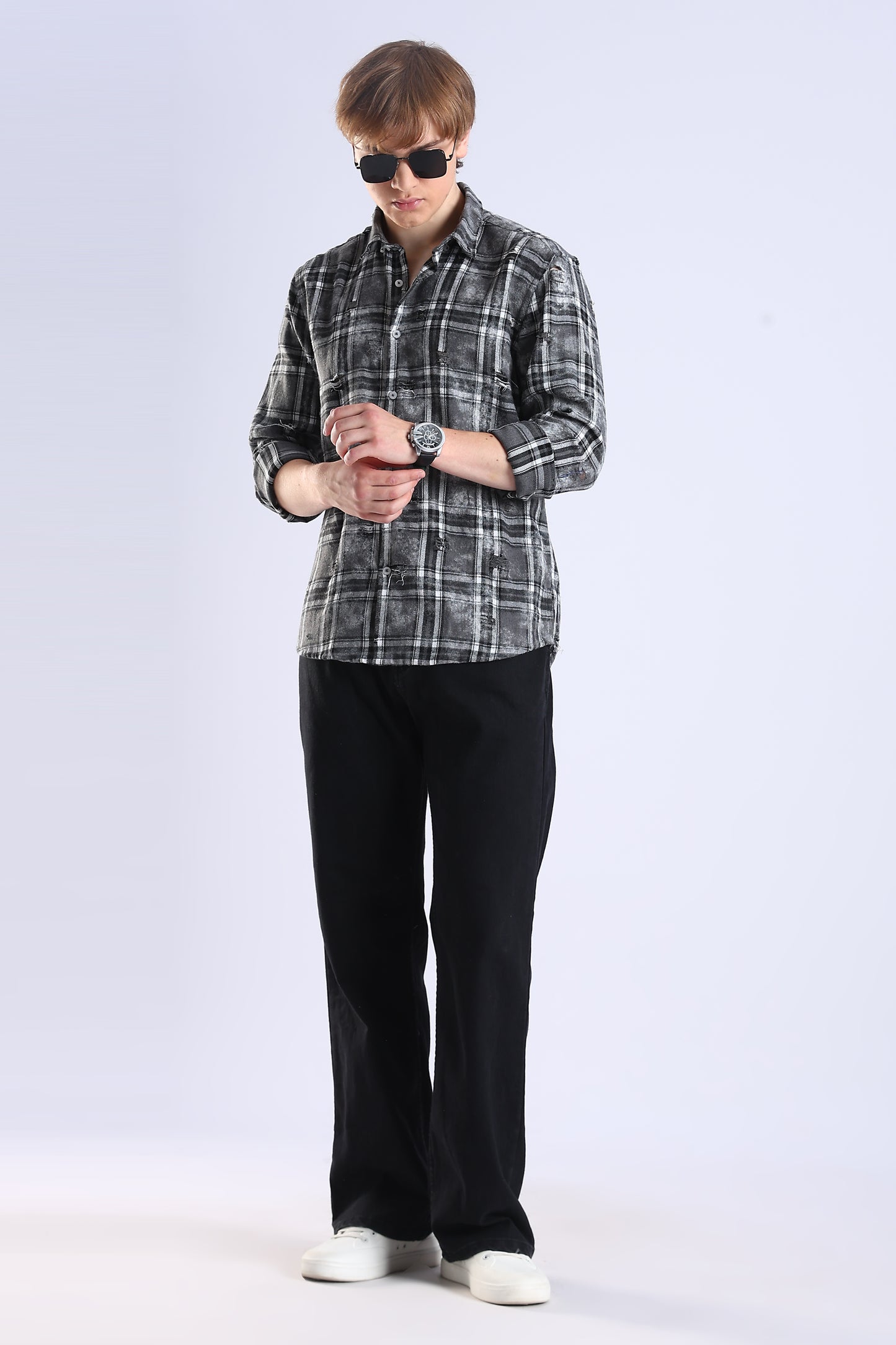 Regular Fit Torn Black & Gray Washed Check Shirt