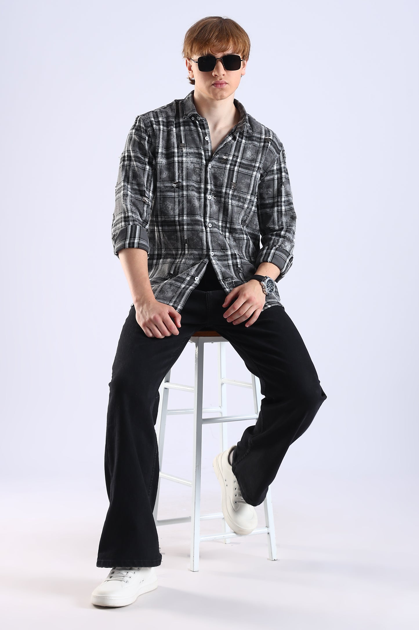 Regular Fit Torn Black & Gray Washed Check Shirt