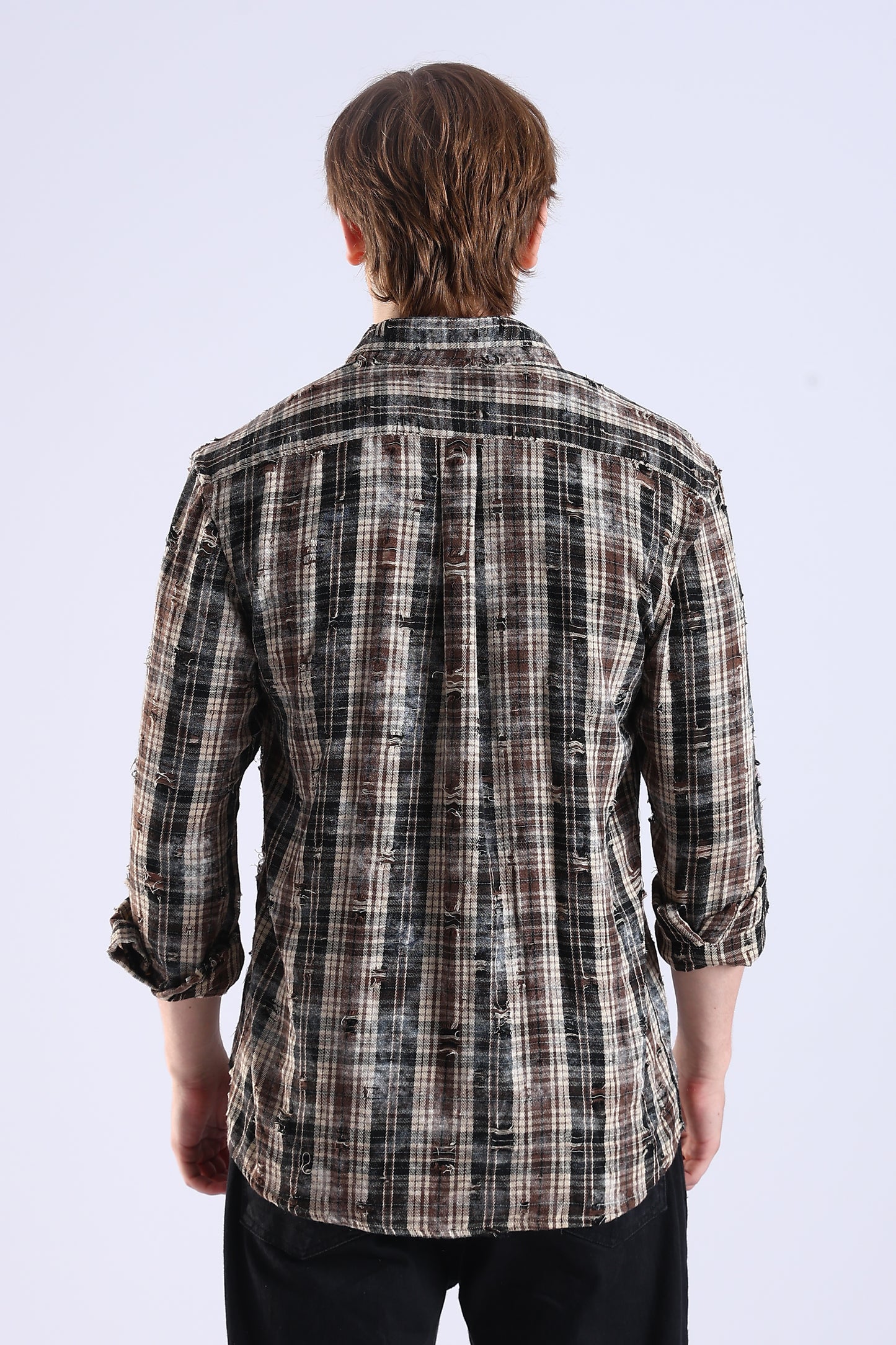 Regular Fit Torn Brown & Black Washed Check Shirt