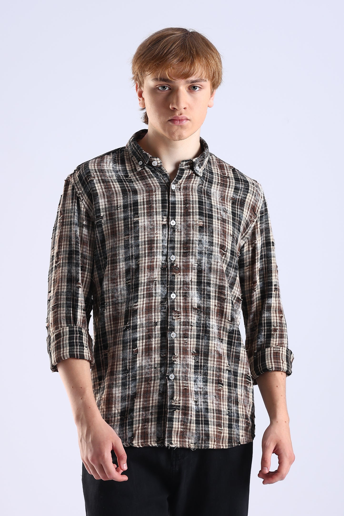 Regular Fit Torn Brown & Black Washed Check Shirt