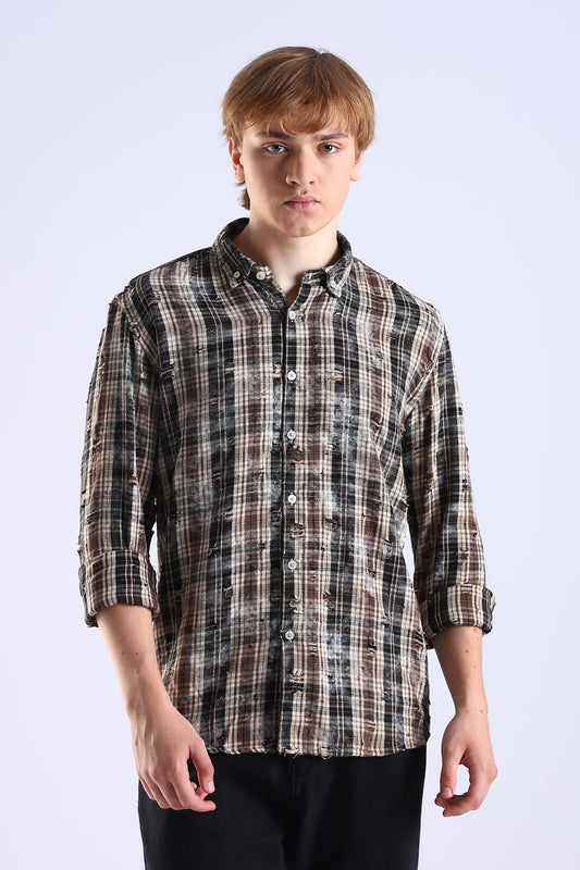 Regular Fit Torn White Check Shirt