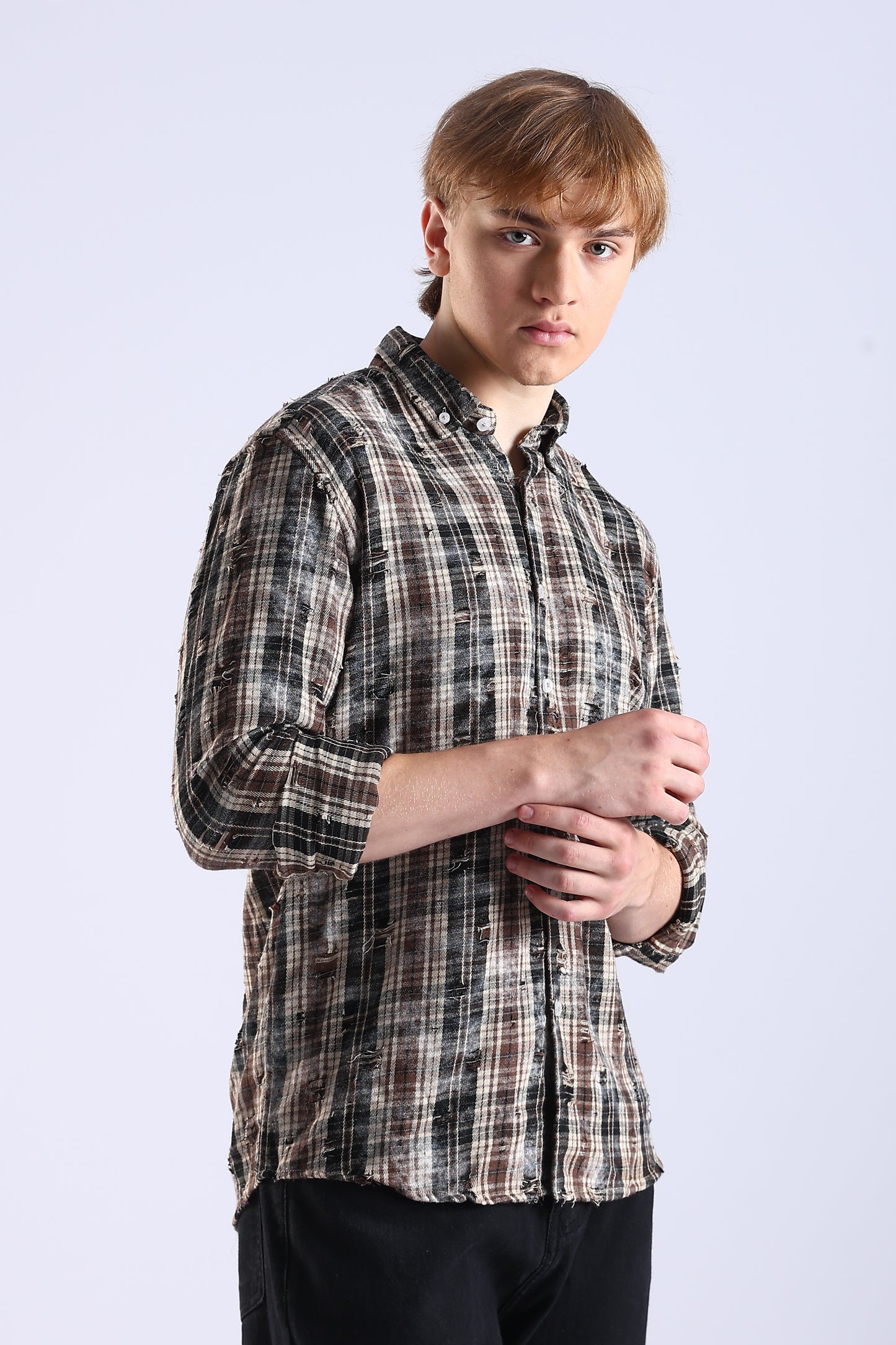 Regular Fit Torn Brown & Black Washed Check Shirt