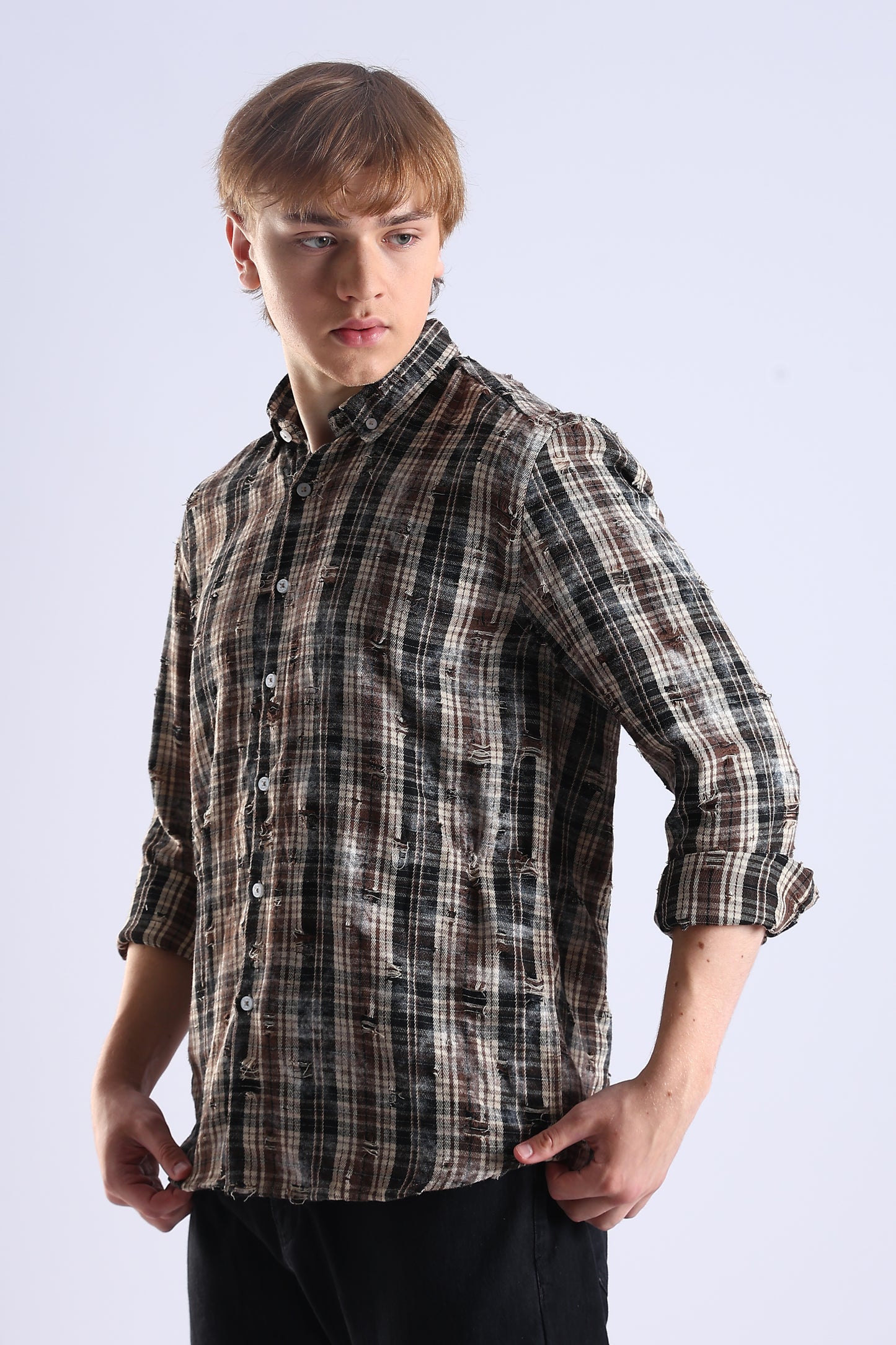 Regular Fit Torn Brown & Black Washed Check Shirt
