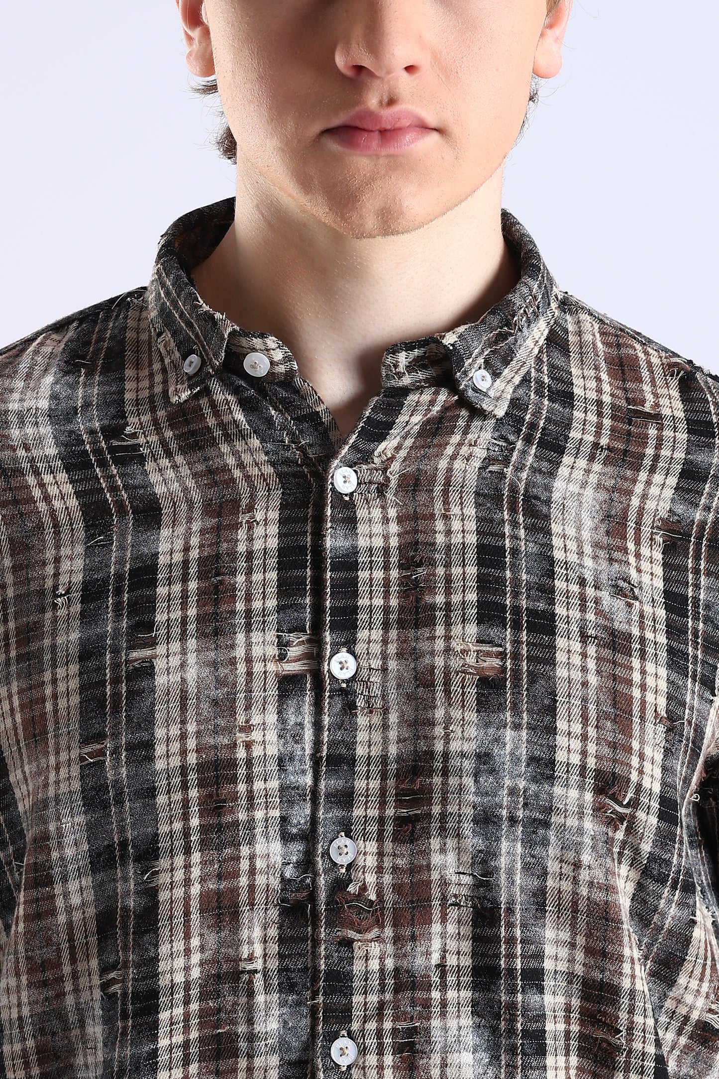 Regular Fit Torn Brown & Black Washed Check Shirt